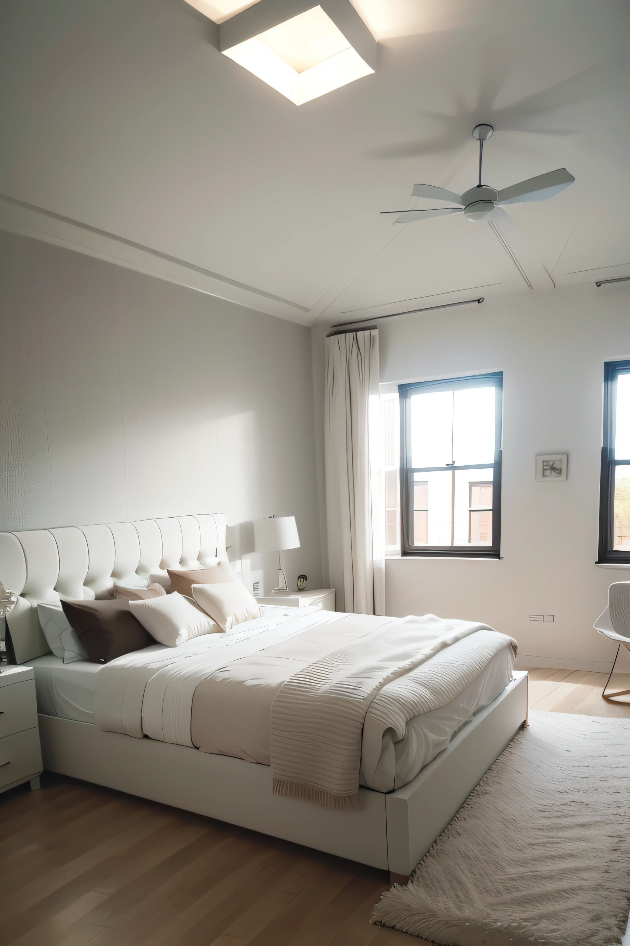 Modern bedroom with plaster ceiling, mdf bed, white space, wardrobe, headboard, herringbone.