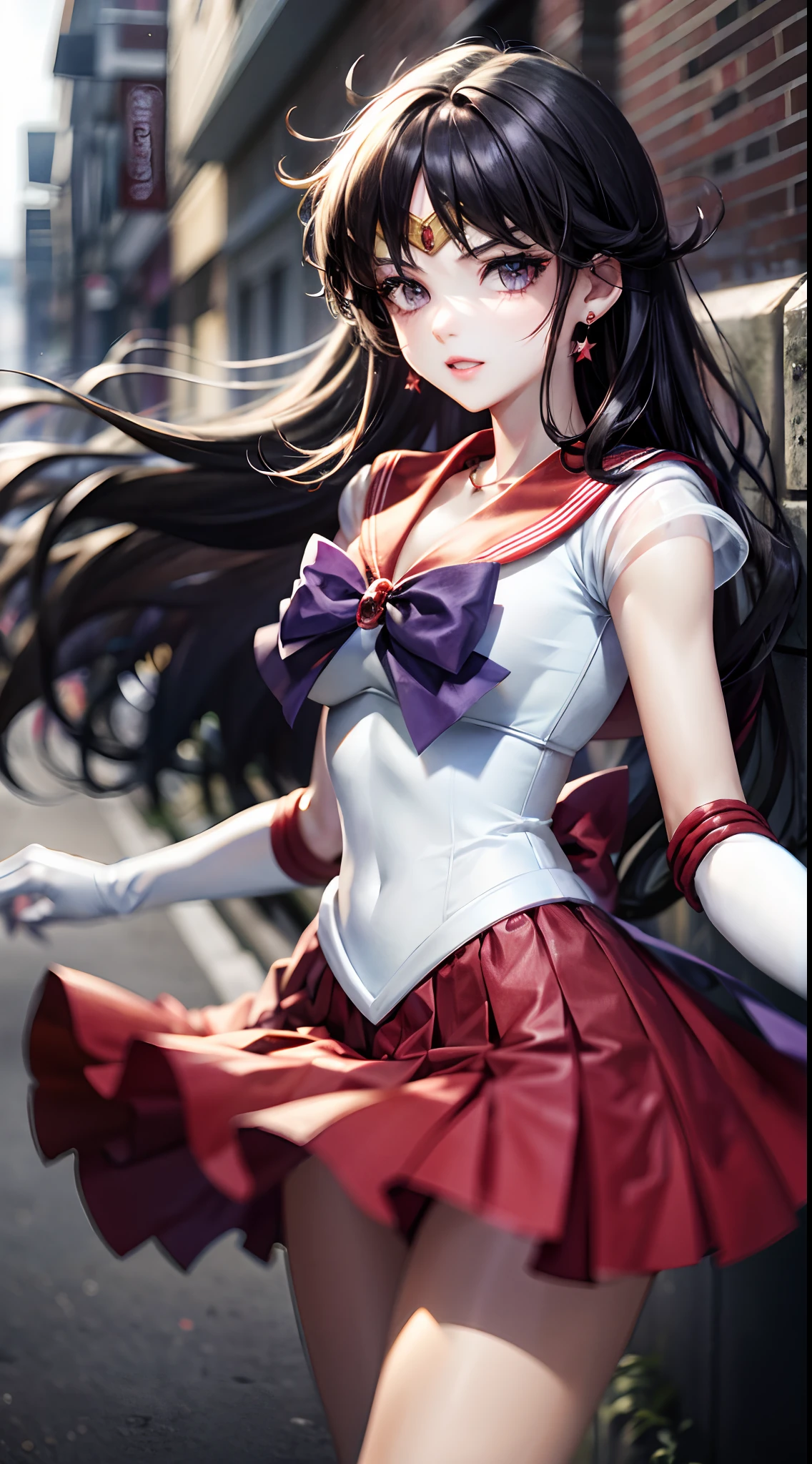 (absurdres, highres, ultra detailed, HDR), masterpiece, best quality, sama1, tiara, sailor senshi uniform, white gloves, red sailor collar, red skirt, star necklace, elbow gloves, pleated skirt, bare leg, purple bow, denim shooting, outdoors, bokeh (85mm lens), front facing camera, gentle expression, wind blowing hair, fluffy hair, hair ((black)),