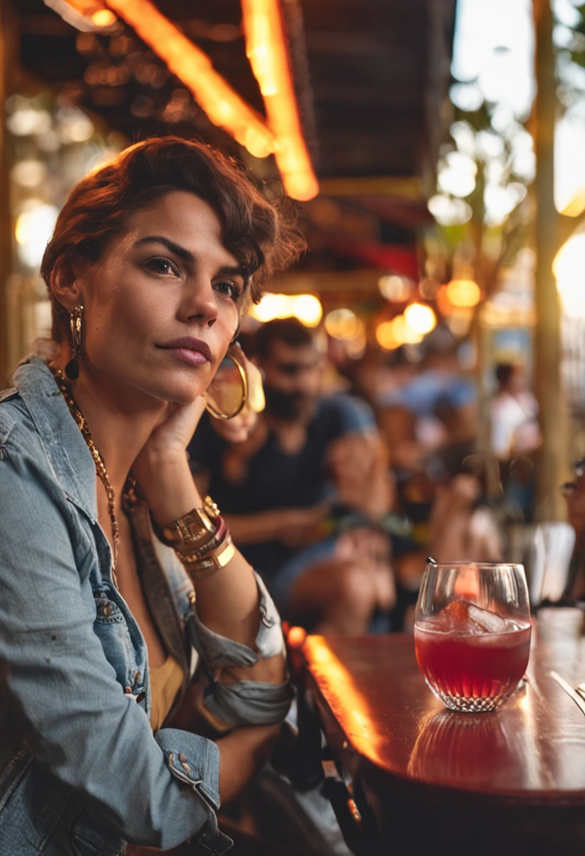 Foto de (Sh0hreh:0.99), uma jovem bonita deslumbrante, olhos castanhos, short hair, closeup ampliado em retrato de corte apertado, sentado em um (table on a seaside boardwalk cafe bar drinks cocktails:1.2) vestindo um (camisa de manga comprida de designer vermelha:1.3) (bebidas na mesa:1.3) (Lighting-Gold:1.2) Detalhes do plano de fundo dos objetos de primeiro plano (master part:1.2) (fotorrealista:1.2) (Bokeh:1.2) (best quality) (color grading) (pele detalhada:1.3) (intrincado) (8k) (HDR) (Cinematic lighting:1.3) (foco nítido)