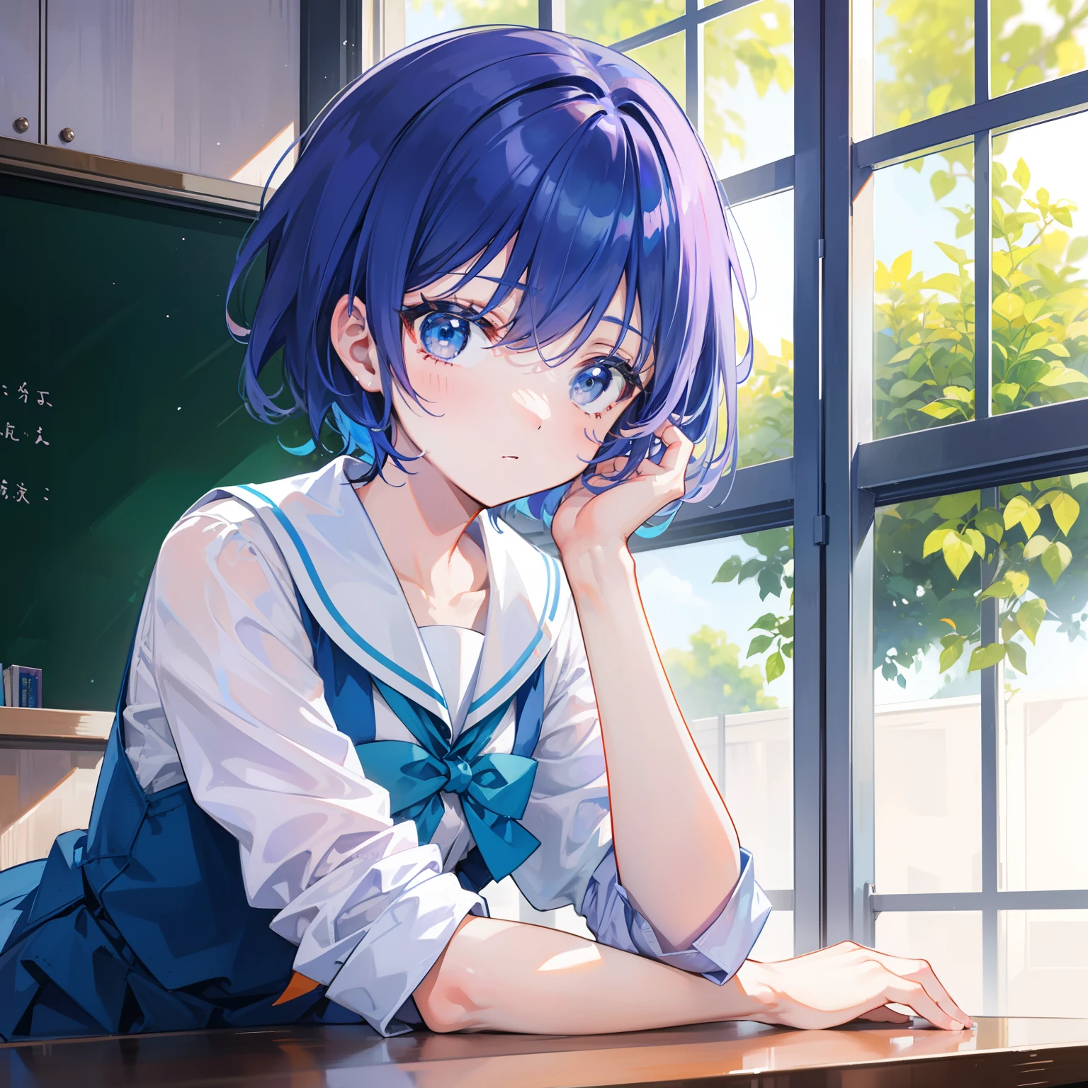 Blue-orange curls that curve inward，It belongs to short hair，Wearing a cute light purple with a light green teacher's uniform，There is a strong sense of freshness and freshness，It is a refreshing beautiful girl teacher