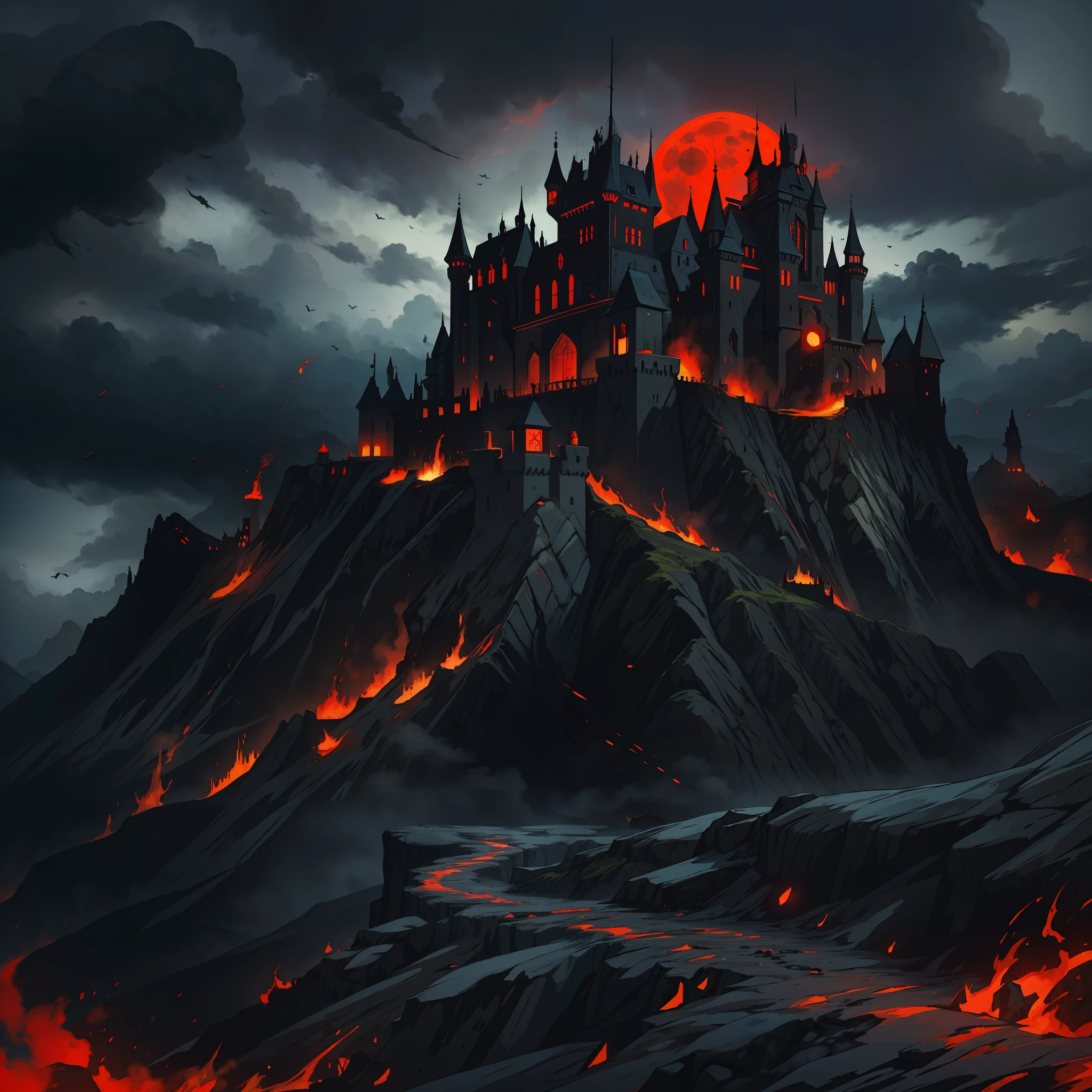 a shadowy castle a black castle of darkness on a volcanic mountain black sky black clouds and red moon constrate striking image harmonic beauty medieval art illustration rpg
