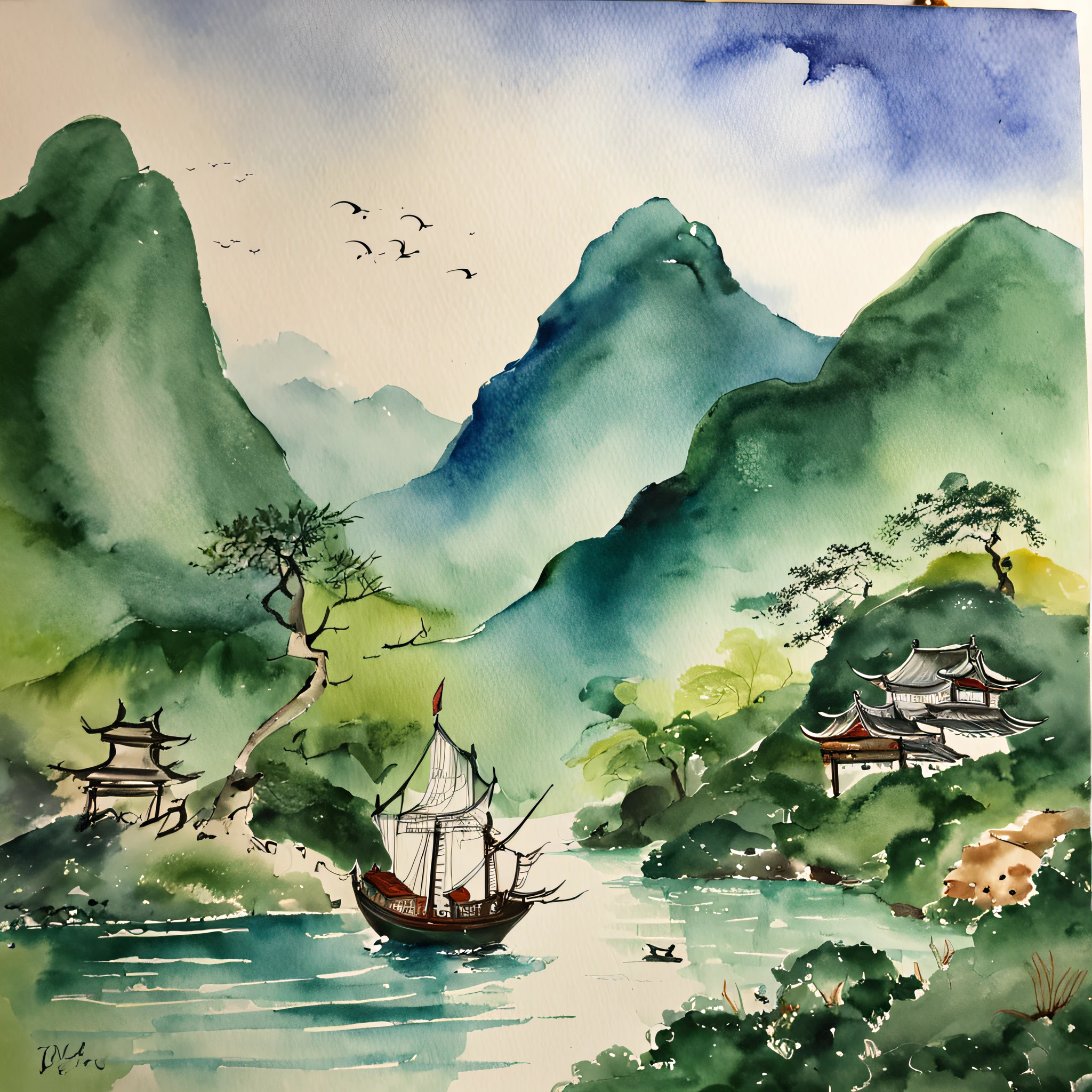 Green Mountains and Green Water High Mountains Sailing Ships Tang Dynasty Old