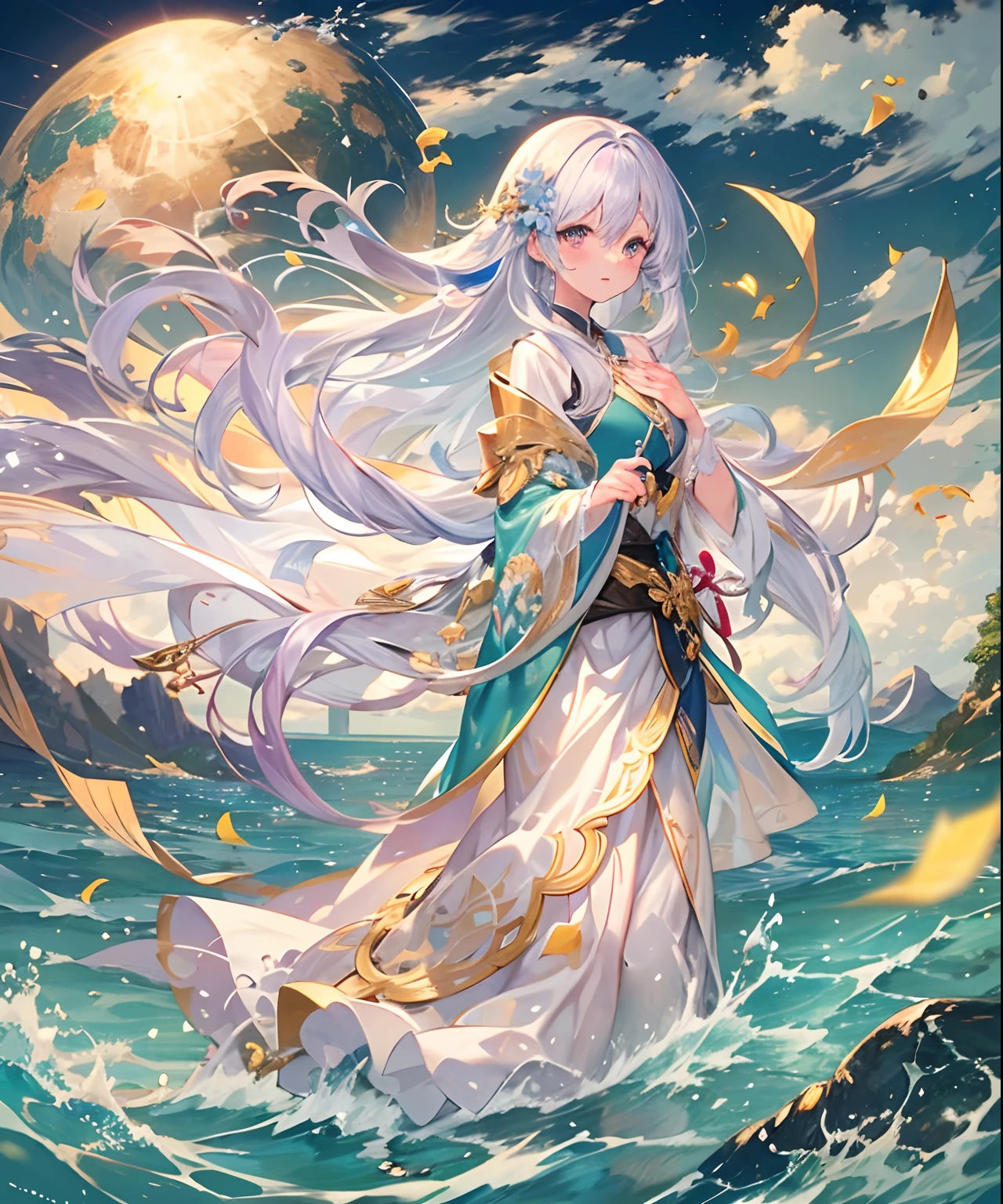 (((masterpiece)))、(((top-quality)))、((ultra-detailliert))、(illustratio)、((extremely delicate and beautiful))、、Bright smile、floating、Light purple hair、(Detailed light) (1girl in)、、独奏、The long-haired、The wind is blowing、A WORLD、(cute eye)、The Yellow River rose from the sky The rush will never come back Water rises from the sky The river is rushing The water does not return The current flows for a long time The waves are rolling The smell of grass and trees The river flows east The cycle goes on and on Beyond the ocean Water migration Vast rivers Heaven and earth are connected Galloping Water is infinite Drifting The infinite source of water that the sea calls Flowing melodies The River of Heaven has been flowing for a long time