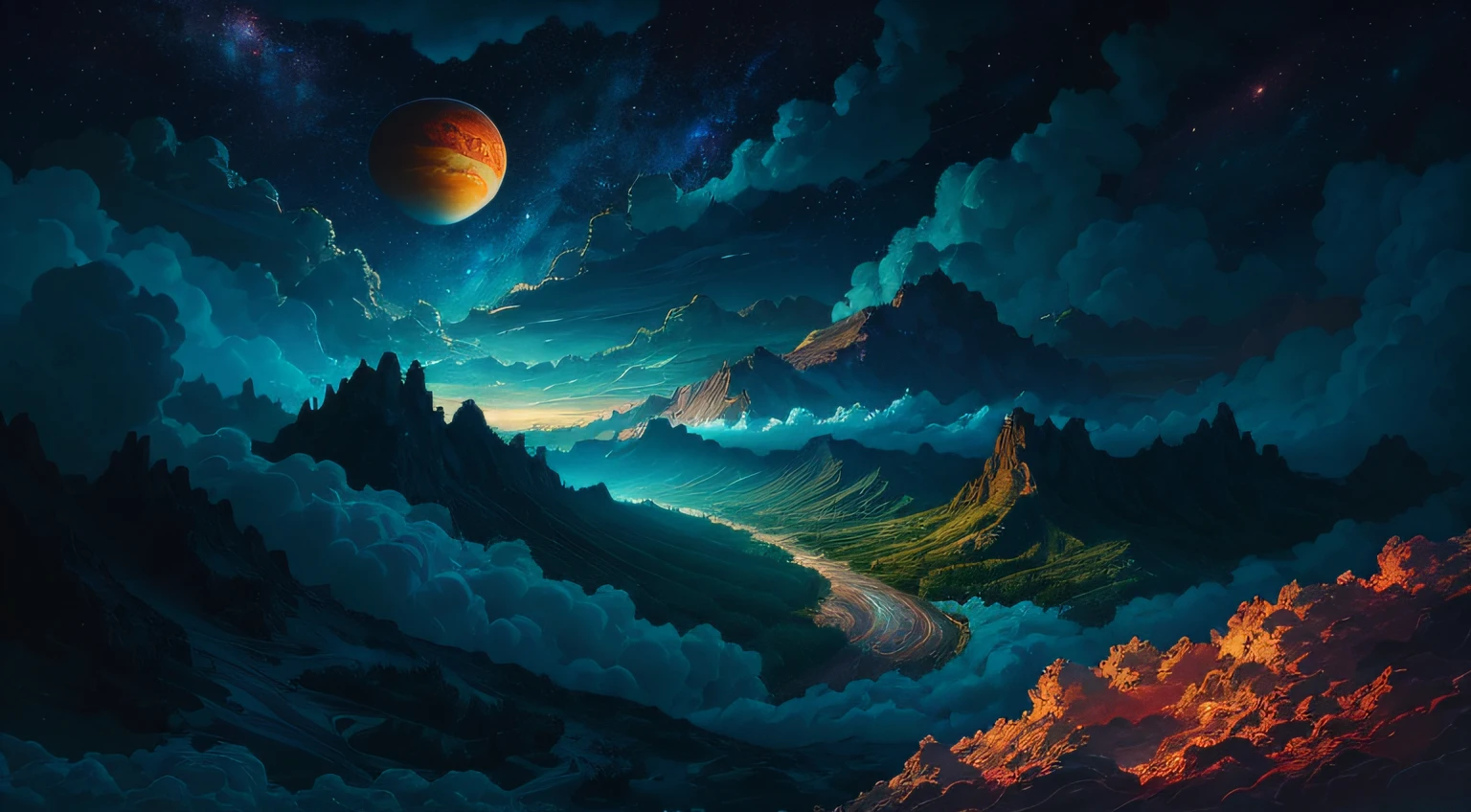 illustration of jupiter clouds by dan mumford, alien landscape and vegetation, epic scene, a lot of swirling clouds, high exposure, highly detailed, realistic, vibrant blue tinted colors, uhd