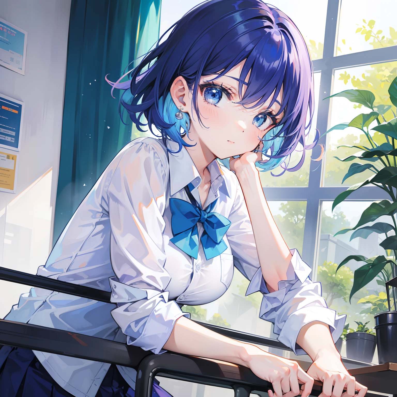 Blue-orange curls that curve inward，It belongs to short hair，Wearing a cute light purple with a light green teacher's uniform，There is a strong sense of freshness and freshness，It is a refreshing beautiful girl teacher