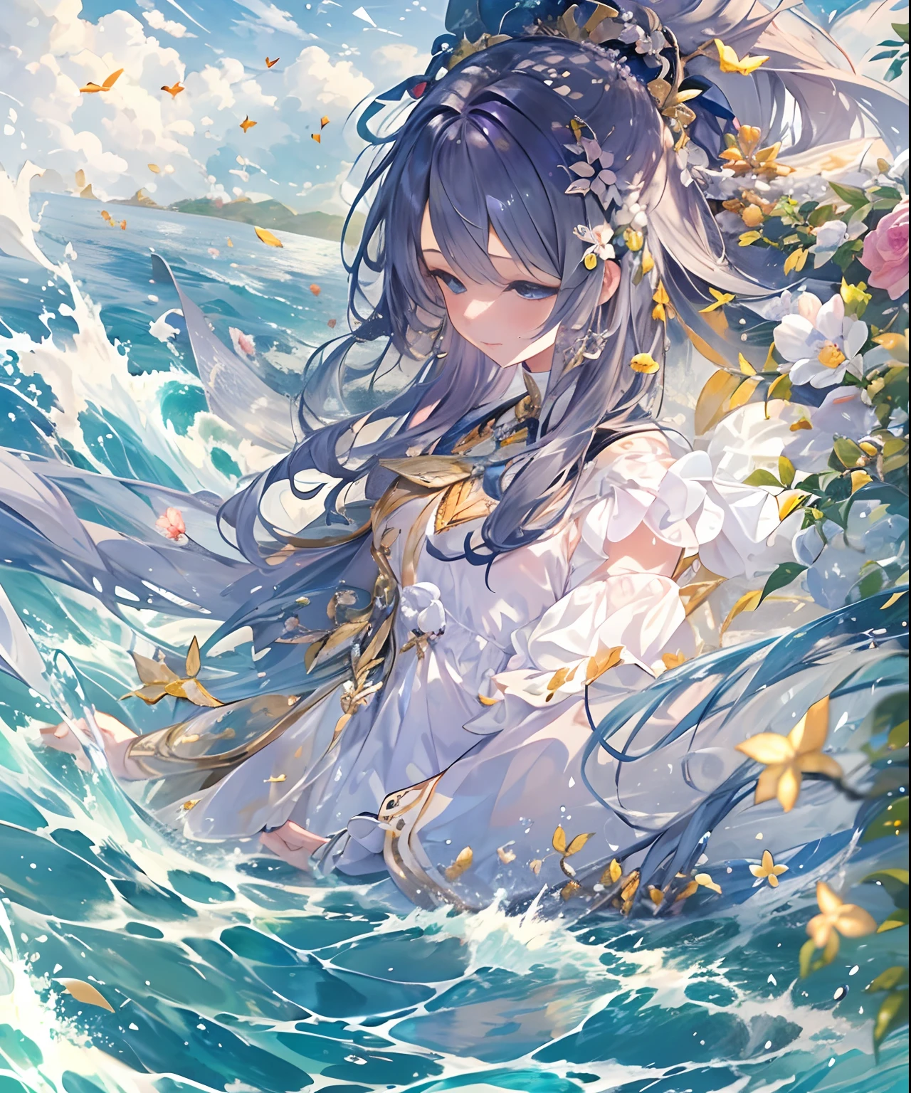 (((masterpiece)))、(((top-quality)))、((ultra-detailliert))、(illustratio)、((extremely delicate and beautiful))、、Bright smile、floating、Light purple hair、(Detailed light) (1girl in)、、独奏、The long-haired、The wind is blowing、A WORLD、(cute eye)、The Yellow River rose from the sky The rush will never come back Water rises from the sky The river is rushing The water does not return The current flows for a long time The waves are rolling The smell of grass and trees The river flows east The cycle goes on and on Beyond the ocean Water migration Vast rivers Heaven and earth are connected Galloping Water is infinite Drifting The infinite source of water that the sea calls Flowing melodies The River of Heaven has been flowing for a long time