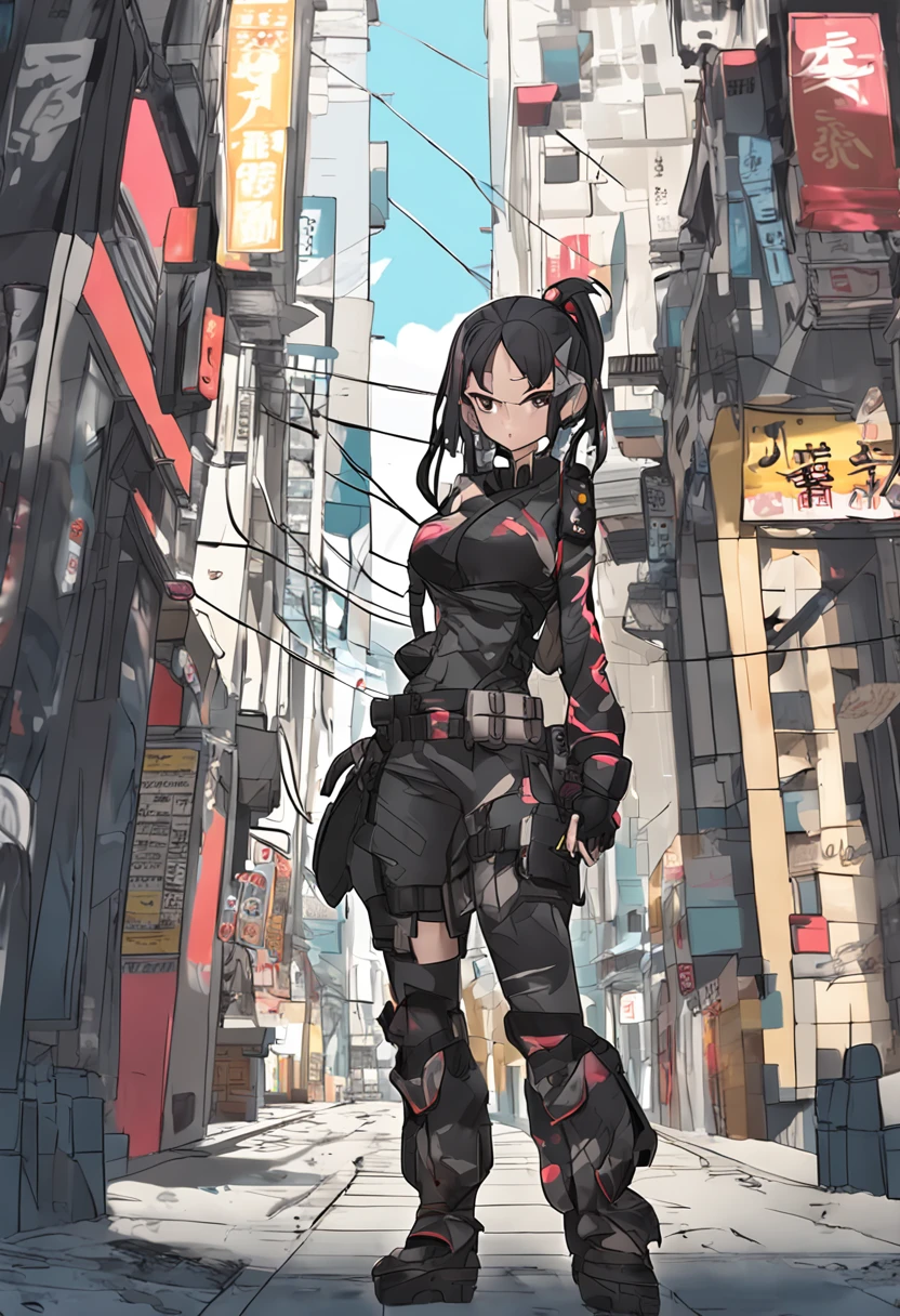 Full body like,Chinese big breasts,pony tails,black color hair,warriors,Camouflage clothes,perfect figure beautiful woman, huge tit,Highly detailed facial and skin texture,A detailed eye,二重まぶた ( City street:1.1)