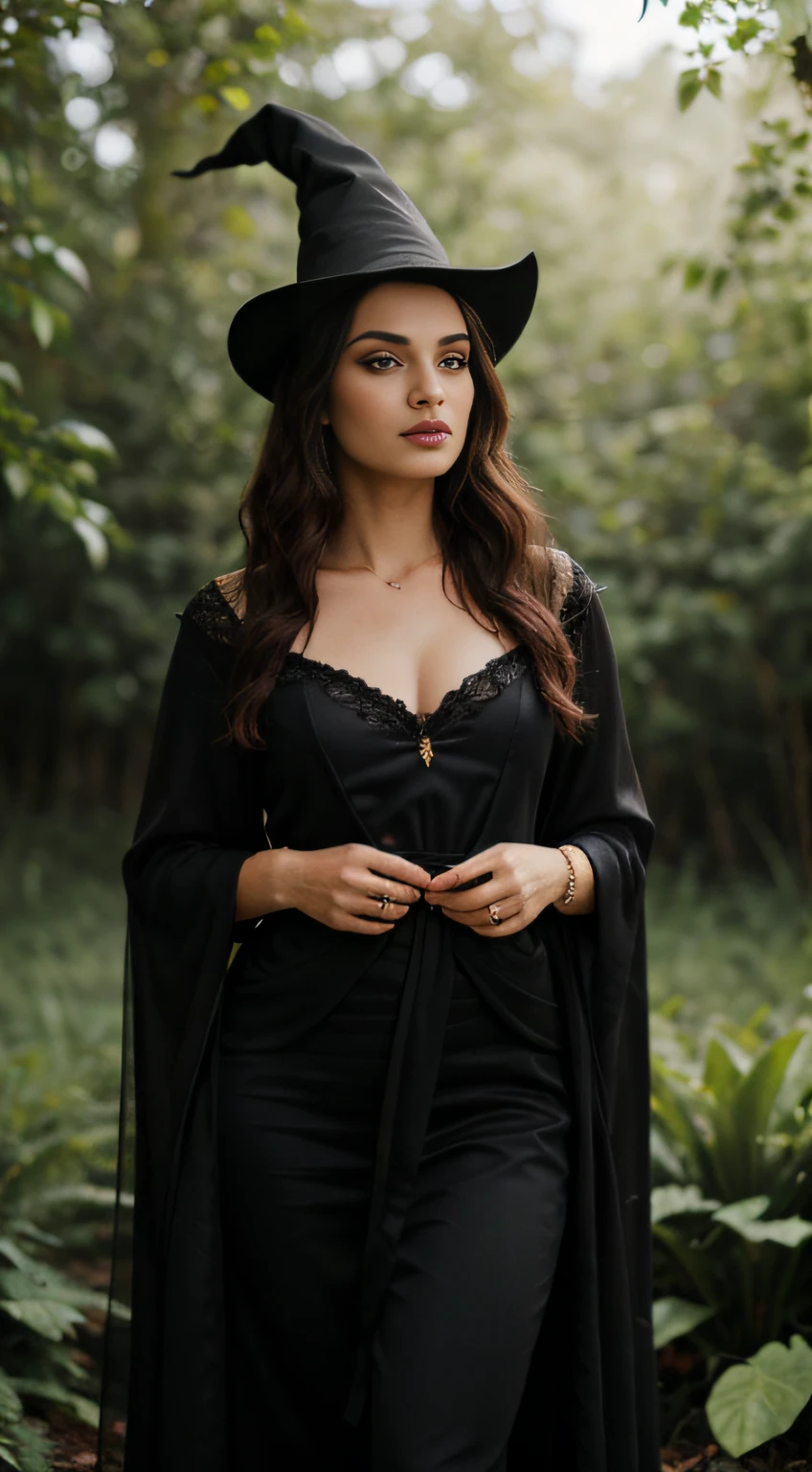 "Create a visually stunning image of an exquisitely beautiful woman wearing a witch outfit with lush vegetation in the background. The woman, captured from the waist up, faces the camera with an astounding level of detail. She radiates an ethereal aura. The 9:16 aspect ratio accentuates the vertical composition, drawing focus to the woman's captivating presence. The image should evoke a sense of serenity, natural beauty."