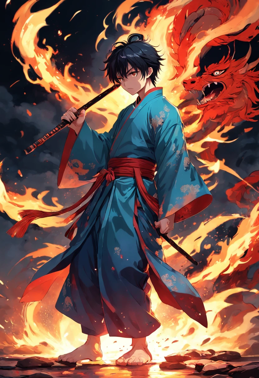The hot fighting boy took this fiery stick,Fight bloody battles on the battlefield,Wearing Hanfu,