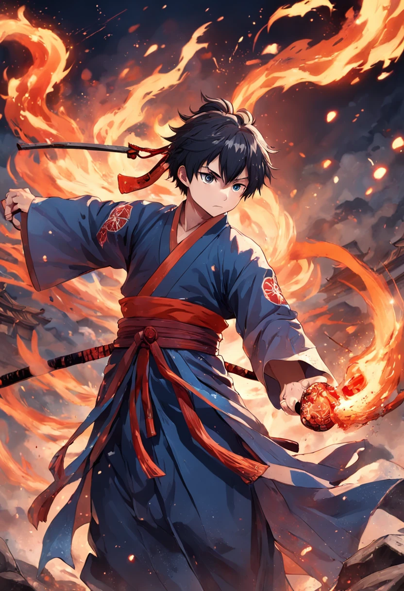 The hot fighting boy took this fiery stick,Fight bloody battles on the battlefield,Wearing Hanfu,