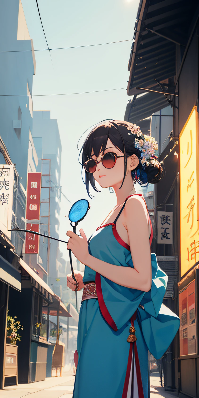 1girl, (hanfu), with light glowing, sidelighting, Wallpapers,girl in a camisole, sunglasses, flowerpunk, summertime, Japanese 80’s City Pop, ligne claire, portrait, concise and vibrant color, impressive, graphic, cartoon illustration