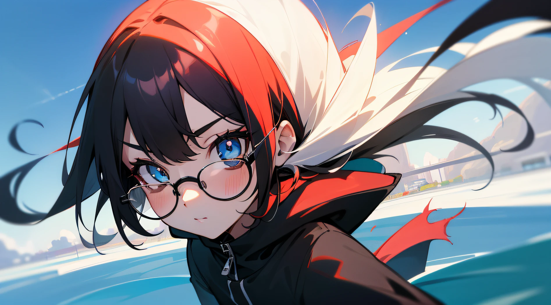 1人, langes schwarzes Haar, wears glasses with black rims, blaue Augen, wears a black and red two-tone top, blaue kurze Shorts, Wolkenkratzer Stadt, absurder, hight resolution, ultrascharf, 8K, Meisterwerk, schaut in die Kamera, High Resolution Face, sehr detailliertes Gesicht, sonniges Wetter, Lichtreflexionen,