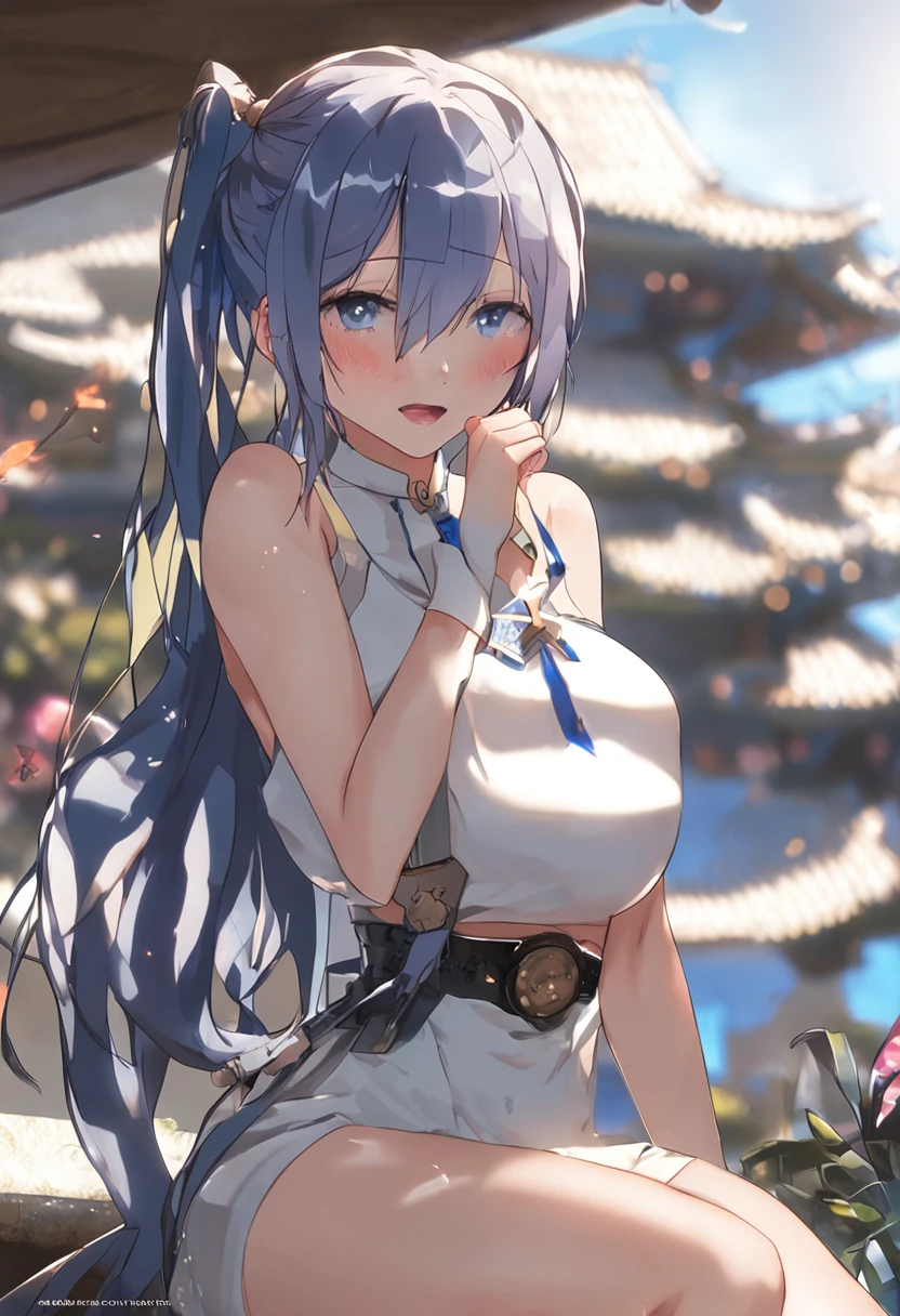 noelle_\(genshin_impact\), hiten kei style, detailed background, masterpiece, hyper realistic, realistic skin, best quality, 1girl, town, village, windmill background, monstadt, world tree, medium breasts, huge nipples, erect nipples, looking at another, topless, full body, vector illustration, nipples, light smile, blunt bangs, short hair, stomach, navel, bare shoulders, white hair, laundry, clothesling, black skirt, white waist apron, wet body, raining, blue sky, rinsing clothes, doing laundry, stretching, open mouth, falling leaves, resting, maid, wet body, windy, dry ground