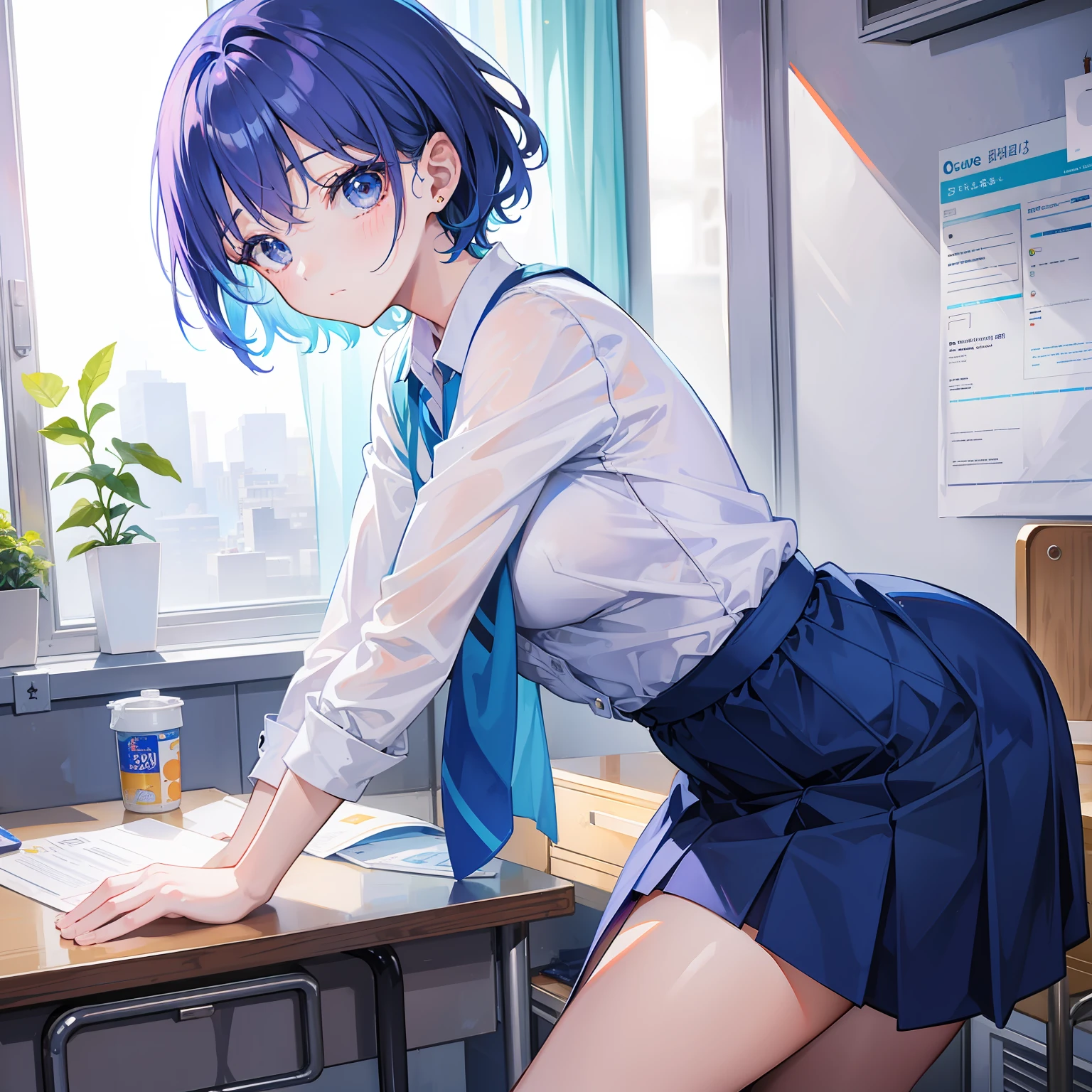 Blue-orange curls that curve inward，It belongs to short hair，Wearing a cute light purple with a light green teacher's uniform，There is a strong sense of freshness and freshness，It is a refreshing beautiful girl teacher