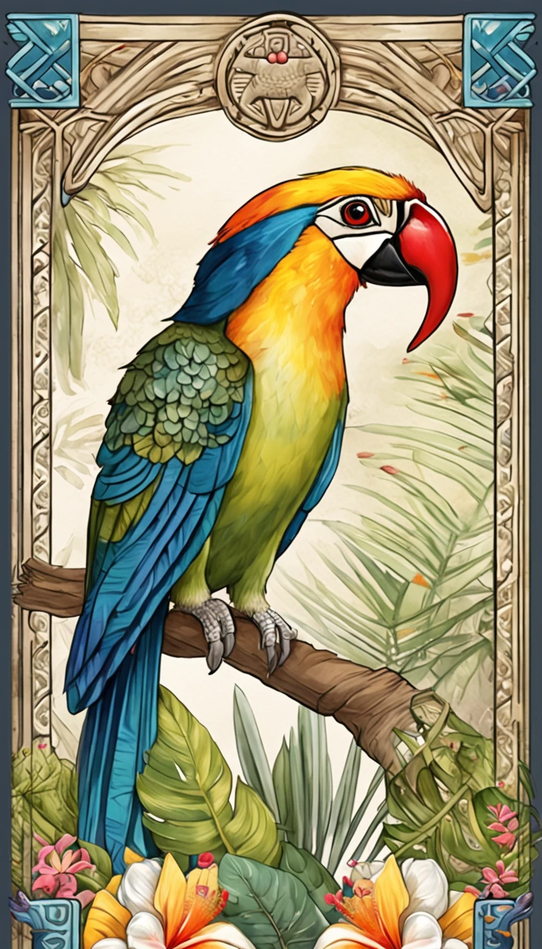 high detailed egyptian tarot card with a toucan and realistic tropical flowers, in a jungle with simmetrical frame around
