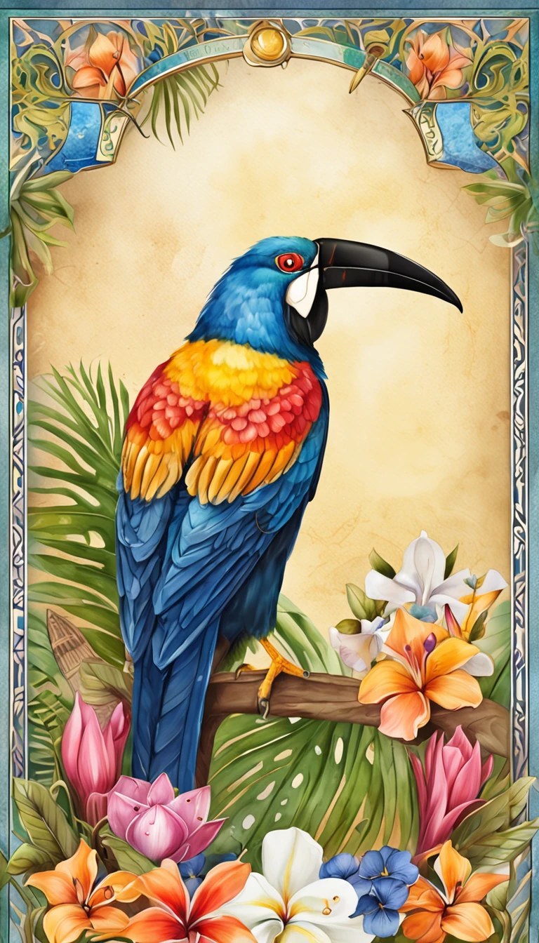 high detailed egyptian tarot card with a toucan and realistic tropical flowers, in a jungle with simmetrical frame around