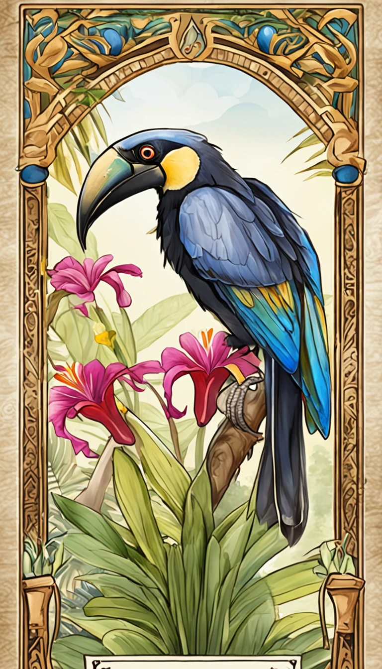 high detailed egyptian tarot card with a toucan and realistic tropical flowers, in a jungle with simmetrical frame around