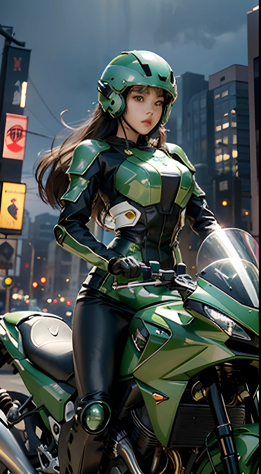 Highest image quality, outstanding details, ultra-high resolution, (realism: 1.4), the best illustration, favor details, highly condensed 1girl, with a delicate and beautiful face, dressed in a black and green mecha, wearing a mecha helmet, holding a directional controller, riding on a motorcycle, the background is a high-tech lighting scene of the future city.