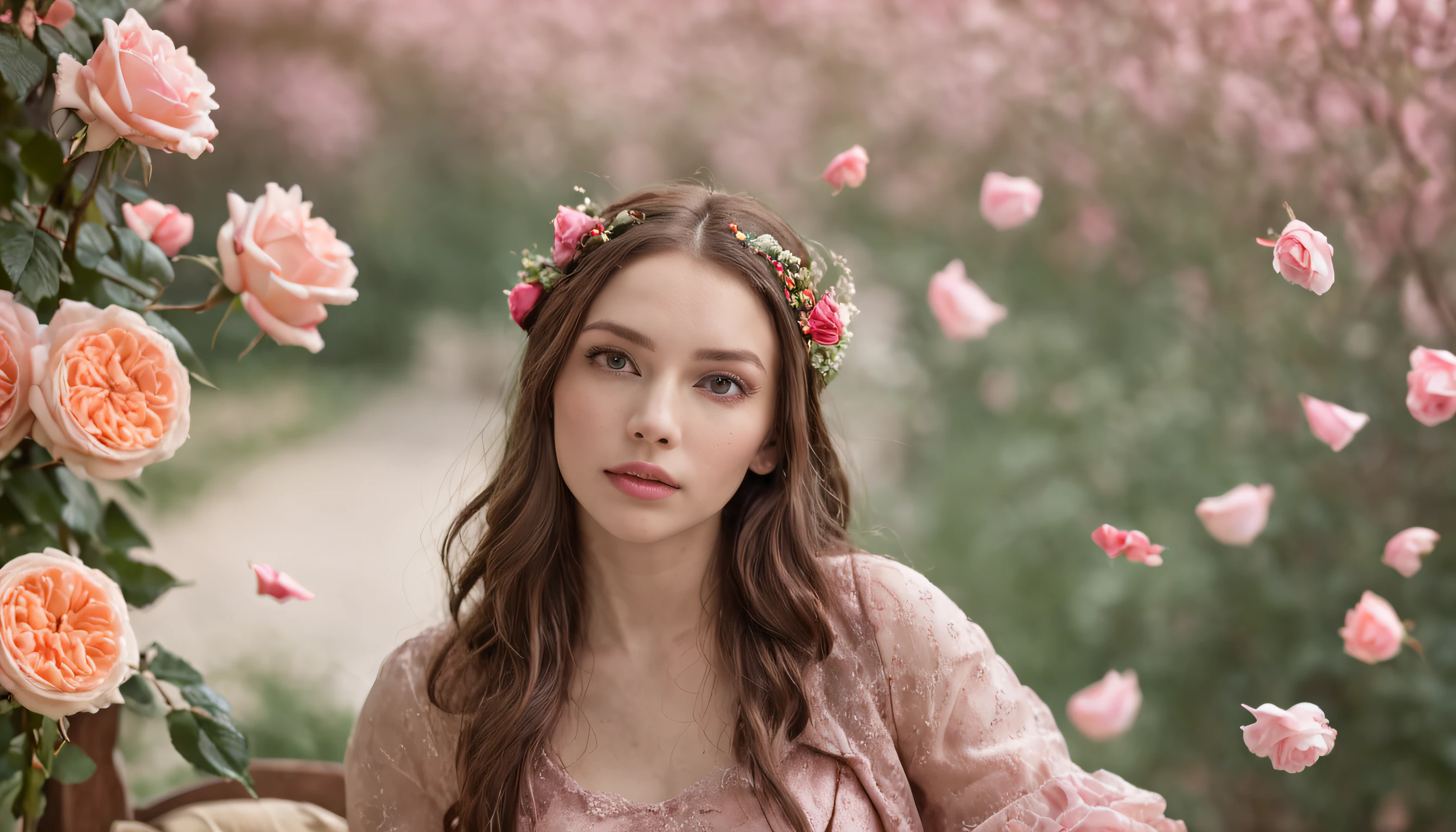 A young woman sitting on a bench of roses, surrounded by fairies and floating sprites in a magical and colorful environment