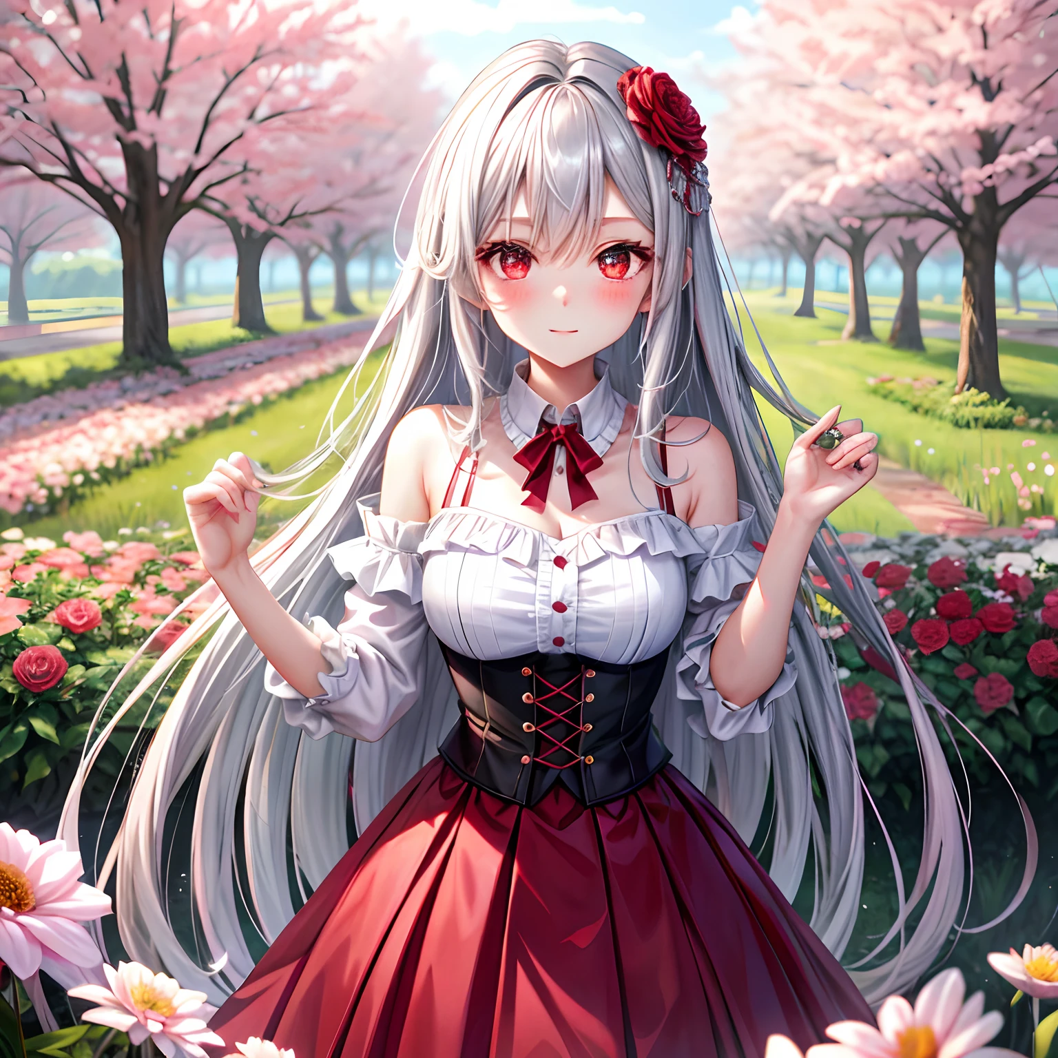 red blush、Silvery hair、Longhaire、red eyes、Beautiful girl alone、animesque、独奏、skirt by the、A sexy、flower  field、