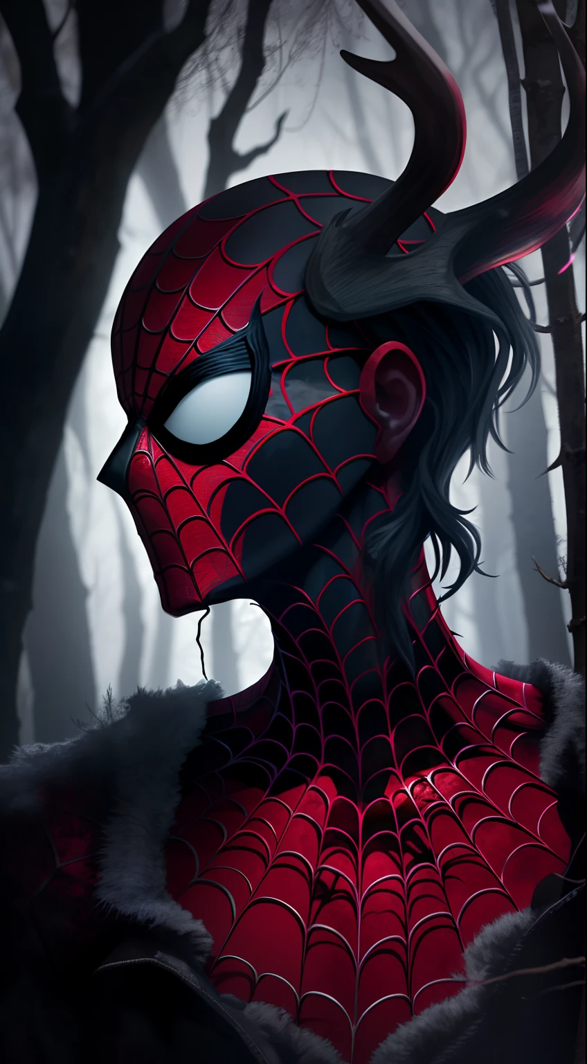 dark, unholy, evil, astral, creepy style, undead, rotting skin, mystical, realstic Spiderman in the woods, smoke, mist, night, face profile, from side, red glow, nihility, void, antlers, bright red void eyes, looking away up, staring into abyss