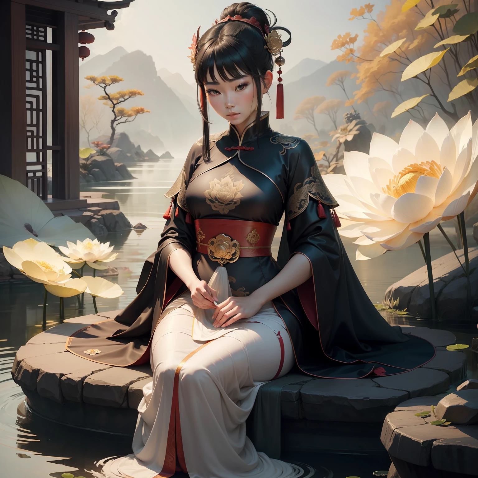 An ancient Chinese beauty sitting on a stone, wearing ancient Chinese clothing, flowing tulle, light silk, lazy posture, large lotus leaf, lotus, ink painting style, clean color, decisive cutting, blank, freehand, masterpiece, super detailed, epic composition, high quality, the highest quality, 4k --v 6