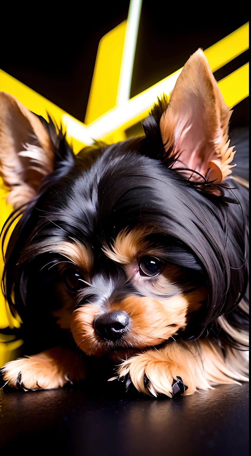 realistic portrait of a cute Yorkshire terrier dog
((black and beige color)) cute smile, ((funny)), black background dark lighting, yellow neon, close-up, product view, detailed facial details, perfect face, sharpness, trend in arts, sharp facial details, cgsociety, ultra high quality digital artwork, exquisite hyper detail, 4k, 8k soft lighting, dreamy --iso 100, fashion -