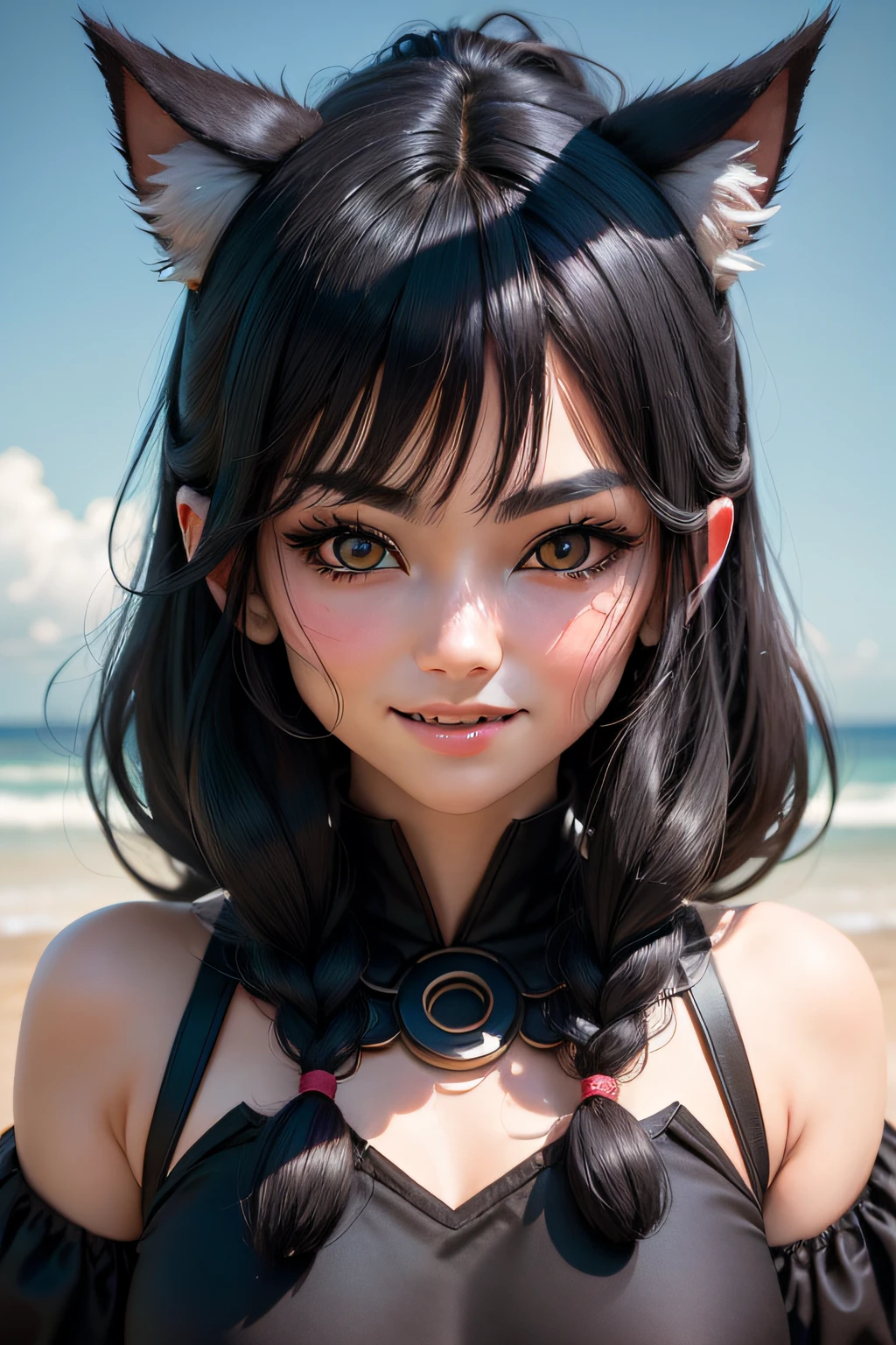 black hair, hair bobbles, wince, longeyelashes, solid circle eyes, fake animal ears, light smile, ear blush, fang, Surrealism, drop shadow, anaglyph, stereogram, tachi-e, pov, atmospheric perspective, 8k, super detail, ccurate, best quality