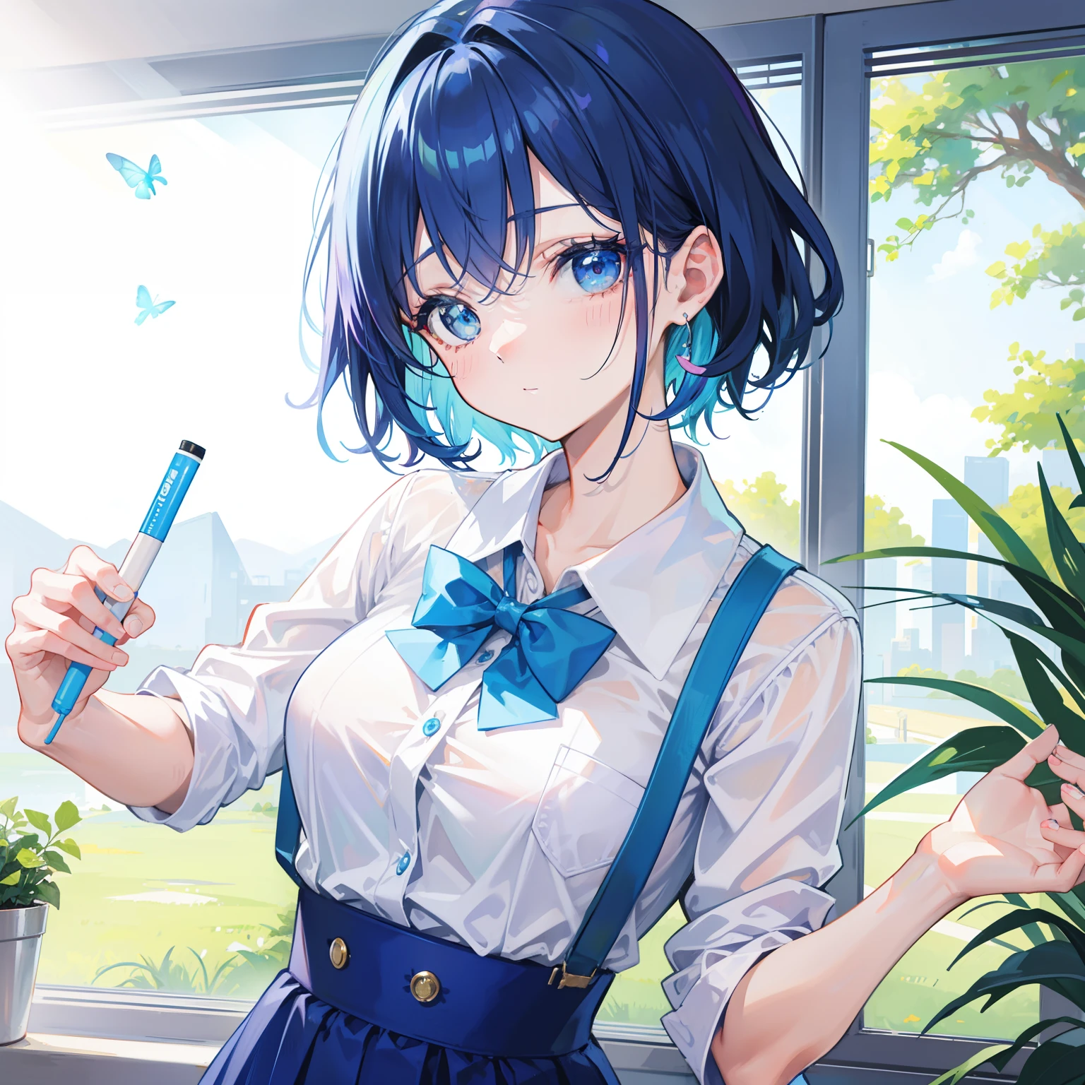 Blue-orange curls curved inward,It belongs to short hair,Wearing a cute light purple and light green teacher uniform,There is a strong sense of freshness and freshness,It is a refreshing beauty teacher
