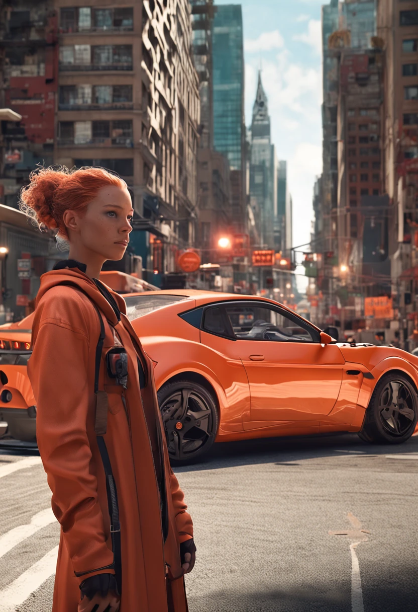 Full body like，United States，curlies，Orange hair，athlete，Red cloak clothes，perfect figure beautiful woman, huge tit，Highly detailed facial and skin texture，A detailed eye，二重まぶた ( City street:1.1)