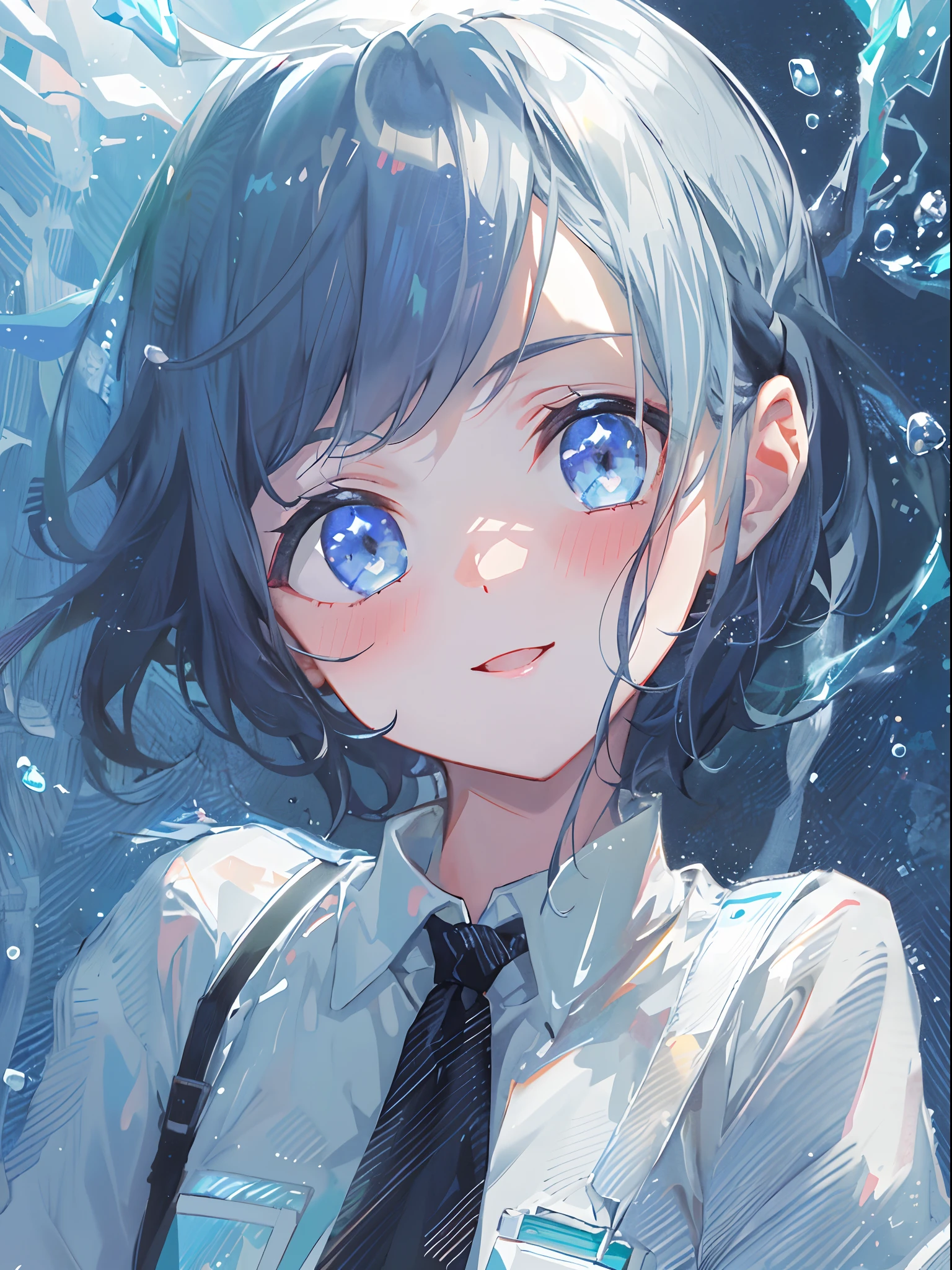 ((top-quality)), ((​masterpiece)), ((ultra-detailliert)), (extremely delicate and beautiful), girl with, 独奏, cold attitude,((Black jacket)),She is very(relax)with  the(Settled down)Looks,A dark-haired, depth of fields,evil smile,Bubble, under the water, Air bubble,bright light blue eyes,Inner color with black hair and light blue tips,Cold background,Bob Hair - Linear Art, shortpants、knee high socks、White uniform like school uniform、Light blue ribbon ties、Clothes are sheer、Hands in pockets
