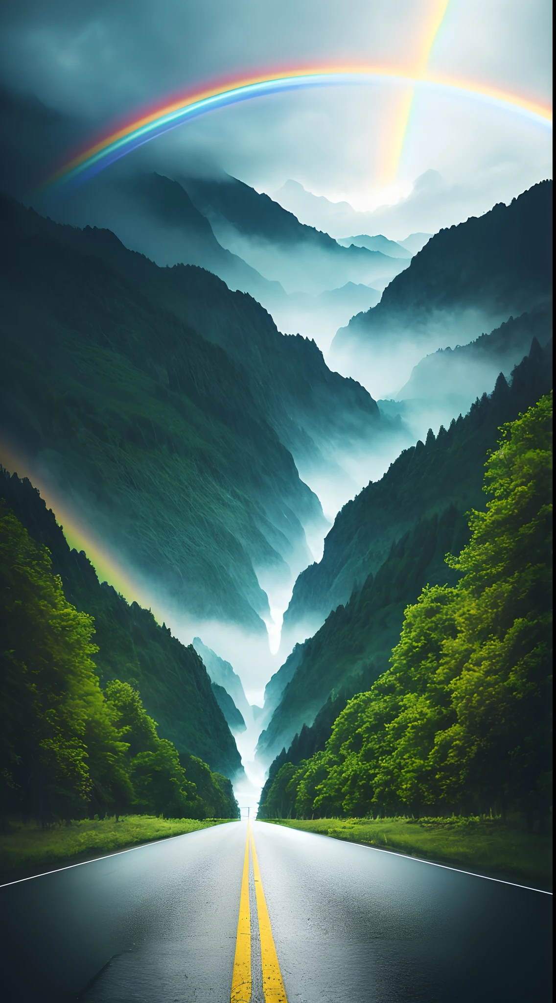 analog style,Chromav5, nvinkpunk,masterpiece, best quality, high quality,extremely detailed CG unity 8k wallpaper, scenery, outdoors, tree, no humans, sky, cloud, mountain, nature, river,  water, rock, cloudy sky, day, landscape, reflection, lake, blue sky, building, mountainous horizon,heavy rain, rainbow, rain, Stormy, lightning, mist, fog , oil paiting, award winning photography, Bokeh, Depth of Field, HDR, bloom, Chromatic Aberration ,Photorealistic,extremely detailed, trending on artstation, trending on CGsociety, Intricate, High Detail, dramatic, art by midjourney
