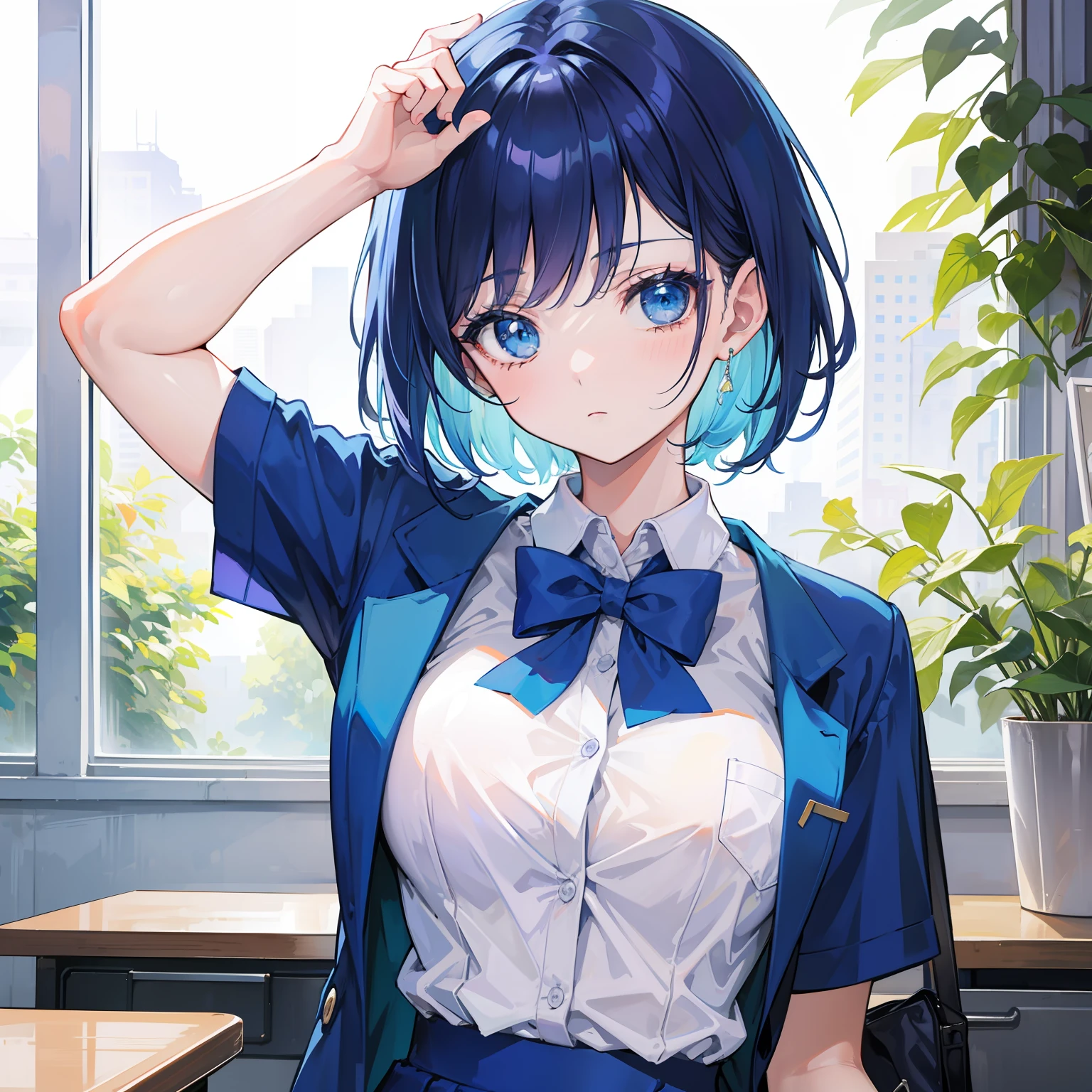 Masterpiece、Highest quality、1girl、Standing at the edge of the desk、Super detailed、nsfw Blue Hair、short hair、hairpin Ahegao Blue Eyes、Beautiful eyes、detailed depiction of the eyes I am sweating profusely. standing、Standing and on all fours、Put your hands on the desk、He pressed his lower body against the corner of the desk.、Attaching sexual body parts to the corner of the desk、vagina、Pussy、clitoris、Female organ、A lot of semen、table sex、SEX、Desk Sex、Masturbation、机の端角を使ってMasturbation、Intense sex classroom、Sunset
