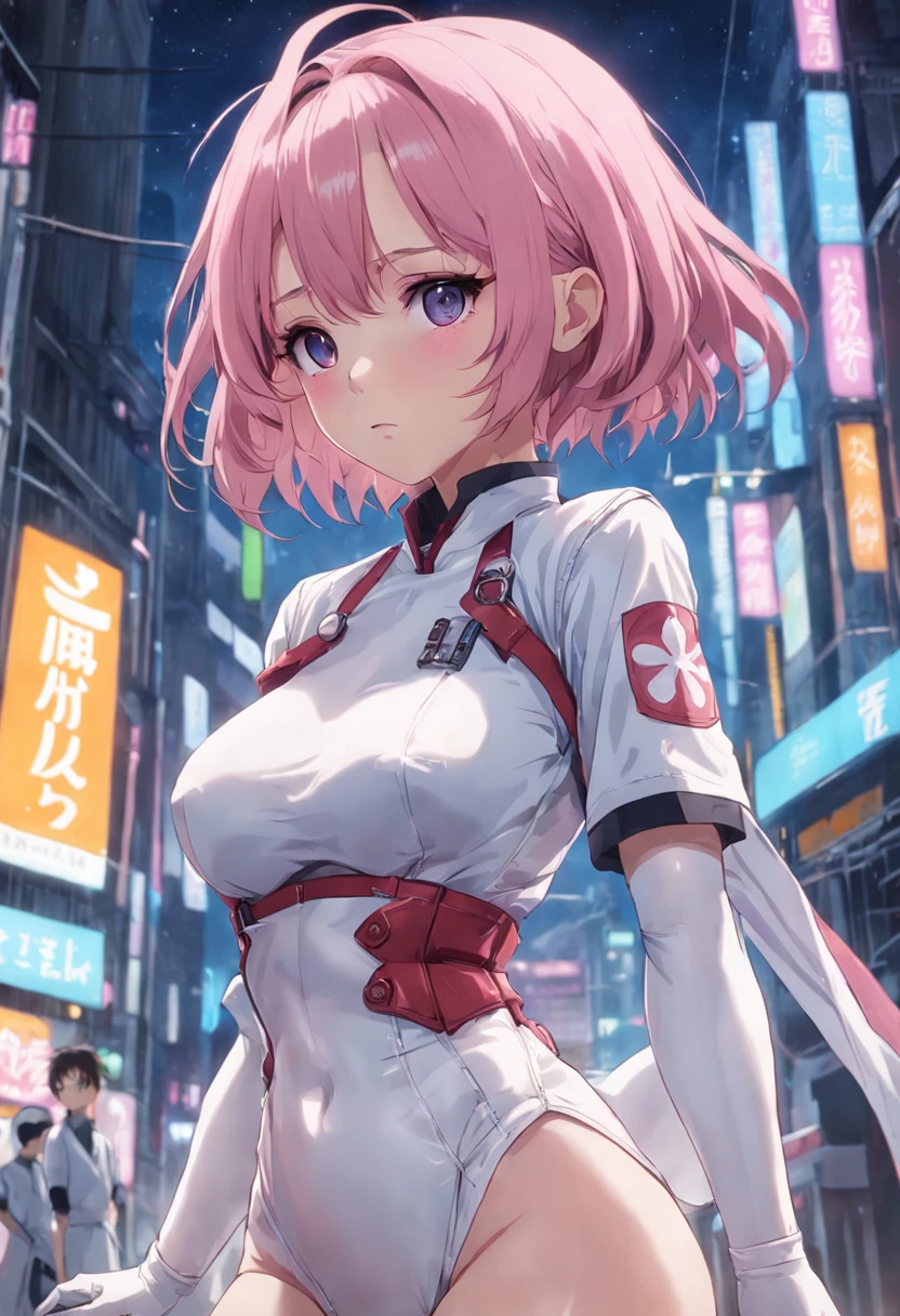 Full body like，jpn，short detailed hair，A pink-haired，nurses，white  clothes，perfect figure beautiful woman, huge tit，Highly detailed facial and skin texture，A detailed eye，二重まぶた