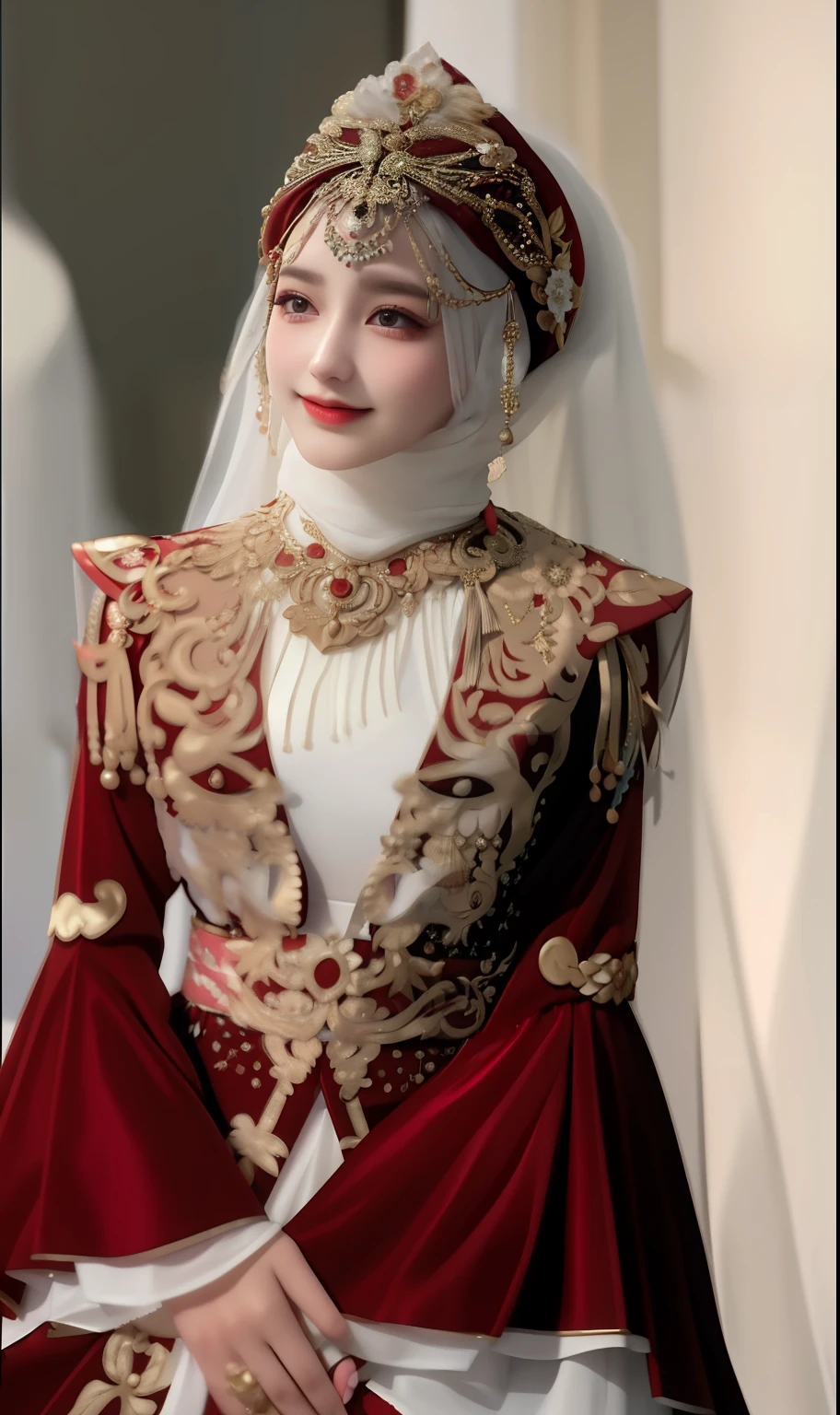 a close up of a woman in a red and white dress, traditional beauty, traditional dress, wearing an ornate outfit, traditional clothes, dilraba dilmurat, beautiful costume, high quality theatre costume, traditional costume, wearing ornate clothing, inspired by Altoon Sultan, emir, wearing traditional garb, wearing authentic attire, arab princess, traditional clothing, authentic costume