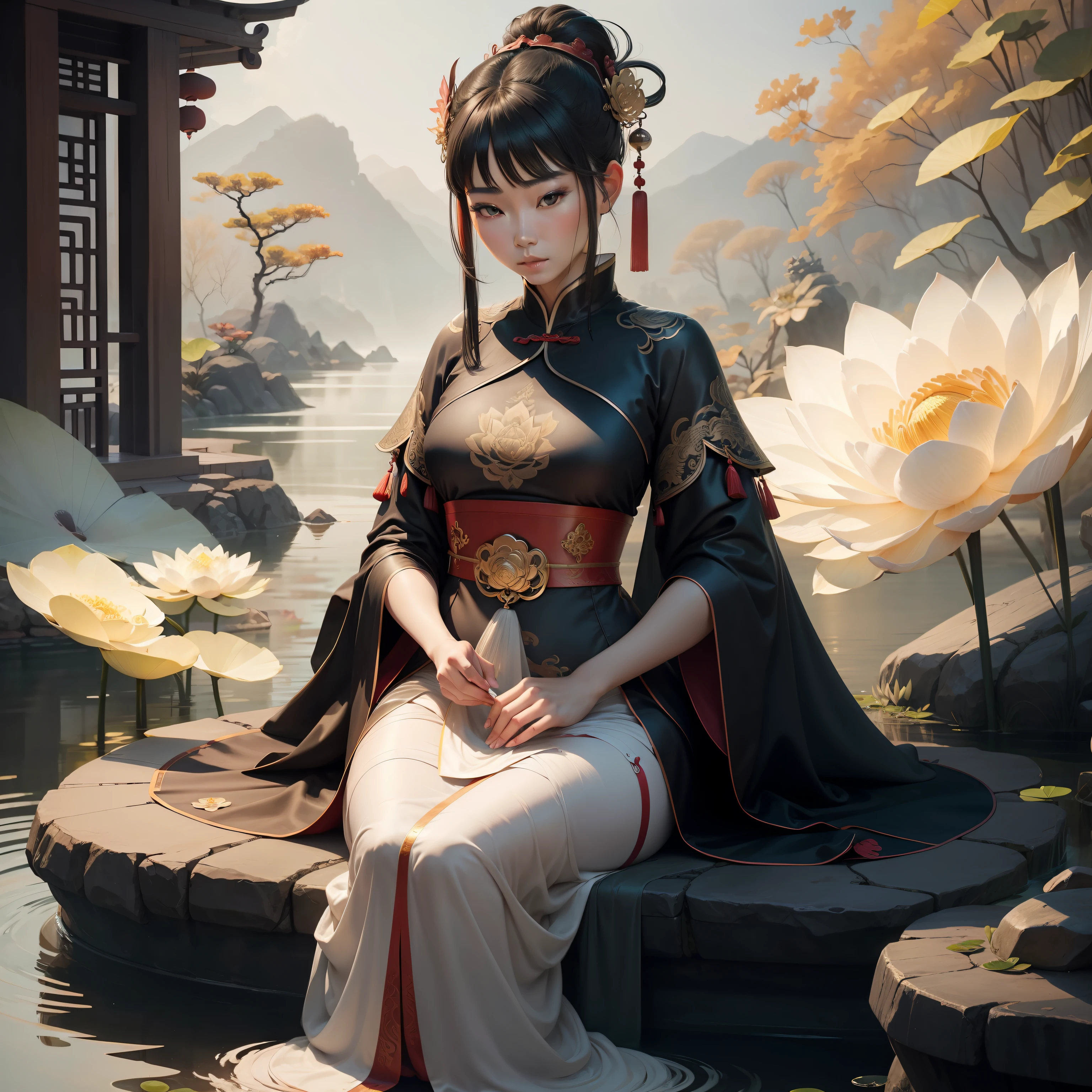 An ancient Chinese beauty sitting on a stone, wearing ancient Chinese clothing, flowing tulle, light silk, lazy posture, large lotus leaf, lotus, ink painting style, clean color, decisive cutting, blank, freehand, masterpiece, super detailed, epic composition, high quality, the highest quality, 4k --v 6
