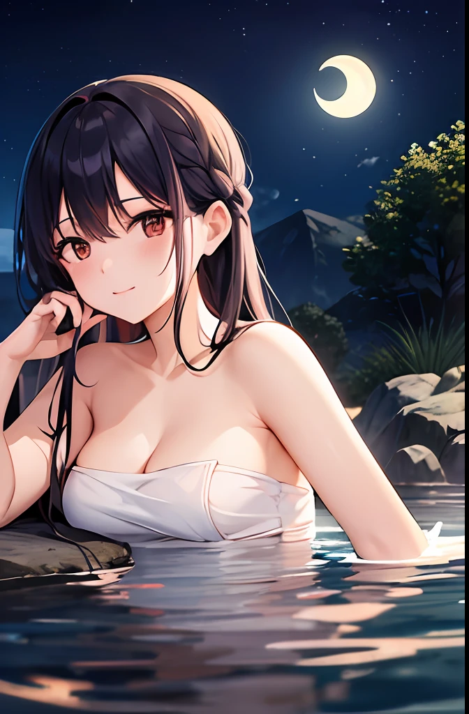 ((masutepiece)), ((Best Quality)), (Ultra-detailed), ((kawaii)), Cute, (lovely), ((Sexy)), (Ero), ((Extremely detailed)), 4K, (8K), Best Quality, (Beautiful), Anime style, from below looking up, full body focus, ((outdoor bath)),  (((standing in onsen))), Night, Cute little girl s, 1girl in, Solo, ((Beautiful dark brown hair)), Beautiful purple eyes, (((highlight in eyes))), ((Beautiful eyes)), White-skinned, Ponytail, Transparent hair, translucent hair, large full breasts, (((Female public hair))), Glasses, Ashamed, blush, Neon light, shiny-glistening, gleaming, wetted by water, reflection effect,