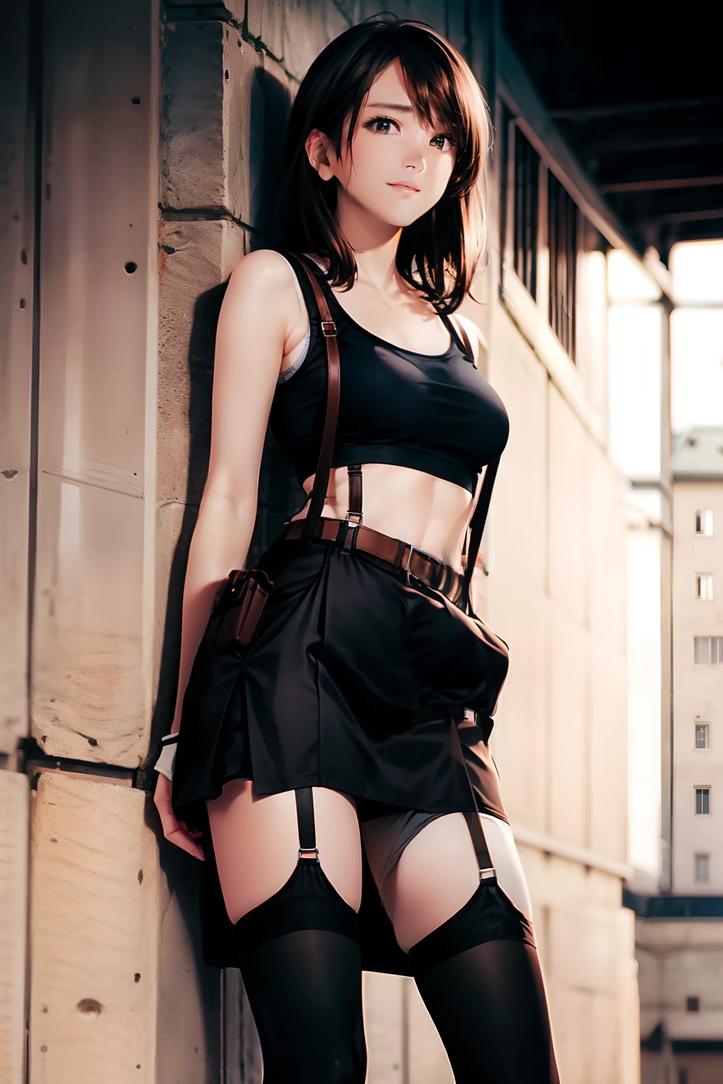 a black skirt, Tank tops suspenders, Brown hair short, Gray eyes, holster, Garter belt on the legs, Moderate breasts and tight clothes, both sides Behind Braless Belt