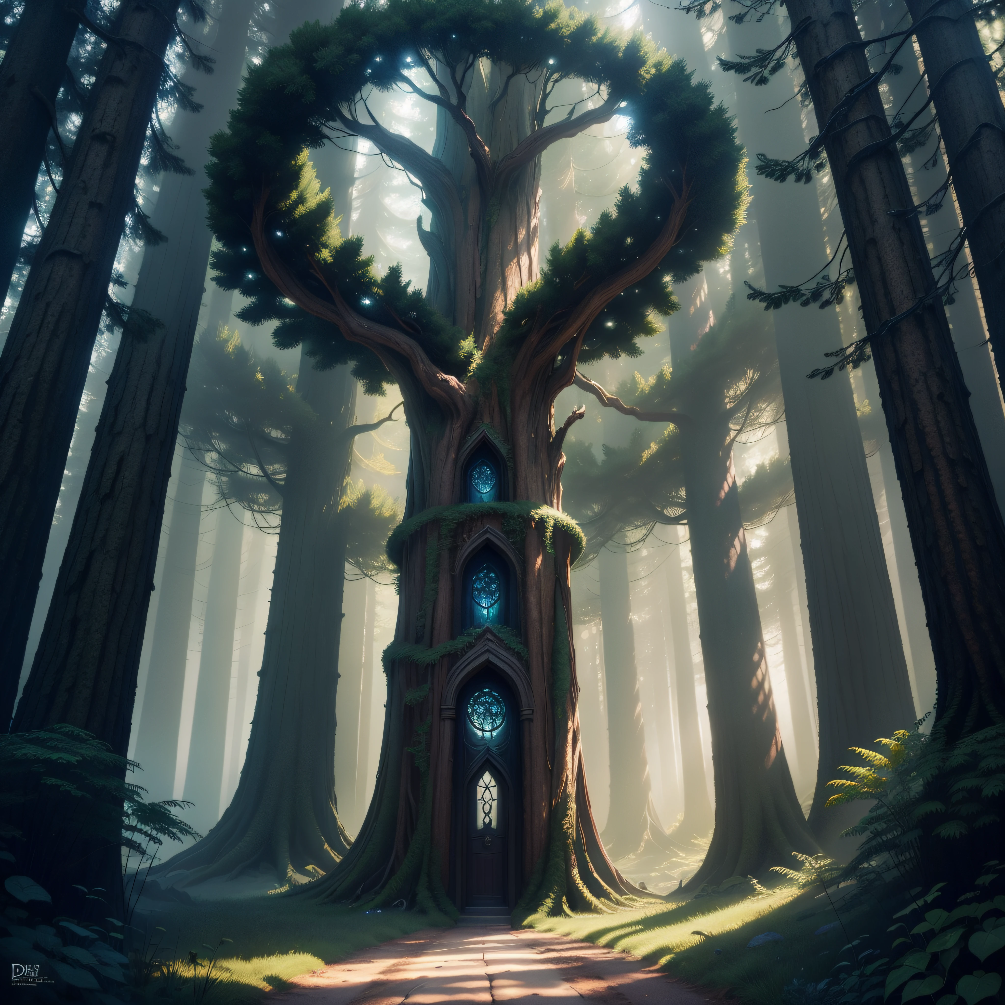 time travel tree portal, deep dark forest path, spruces forest, spruces stargate, central composition, sensual, fantasy art, epic fantasy digital art style, 4k fantasy art, front light