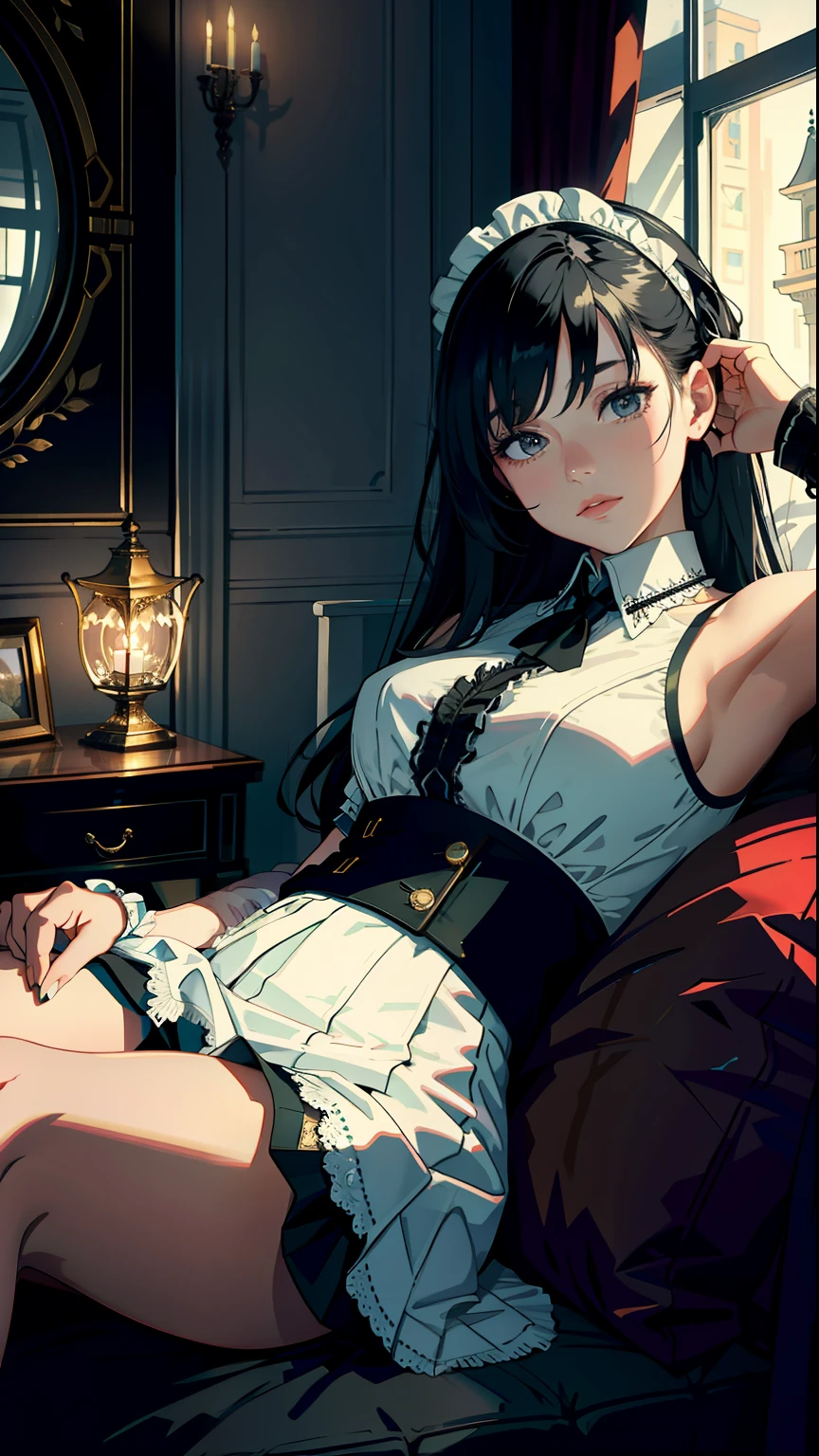 masterpiece, top-quality, Detailed details, Detailed landscapes, beatiful lights, Beautiful Shadows,girl with,((lying back)),((Sleeping in bed)),s asleep,(laying on back),close legs,((Bare legged)),28 year old,Black eyes,Bewitching look,a miniskirt,Slit skirt,(Maid appearance), detailed skin textures, Tyndall effect,mansion,mansion,Bedroom,(Antique bed),Candlelight