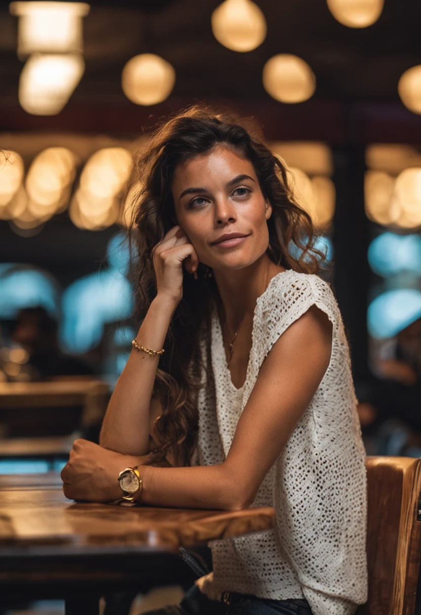 Foto de (Sh0hreh:0.99), uma jovem bonita deslumbrante, olhos castanhos, short hair, closeup ampliado em retrato de corte apertado, sentado em um (table on a boardwalk by the café:1.2) vestindo um (camisa de manga comprida de designer:1.3) (bebidas na mesa:1.3) (Lighting-Gold:1.2) Detalhes do plano de fundo dos objetos de primeiro plano (master part:1.2) (fotorrealista:1.2) (Bokeh:1.2) (melhor qualidade) (color grading) (pele detalhada:1.3) (intrincado) (8k) (HDR) (Cinematic lighting:1.3) (foco nítido)