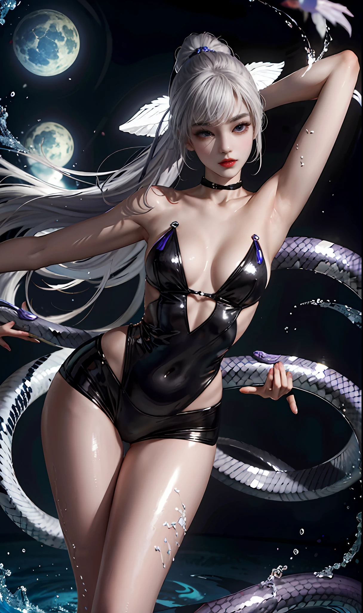 A perfectly plump body like white jade，Unleash the temptation to dry up the population。Beautiful face，Inadvertently, there is a fairy-like charm，Slender white neck，Reveals an elegant arc。Slender willow waist，It seems to be insufficient to grasp it，However, slightly thin between，But there is a feeling of flexibility，Flat and delicate lower abdomen，There is not a trace of excess meat，At a glance，There is an urge to stretch out your hand and swim slightly。Under that slender waist，It is a purple snake tail full of wildness，The snake's tail swings slightly，Strange style，Undoubtedly revealed。