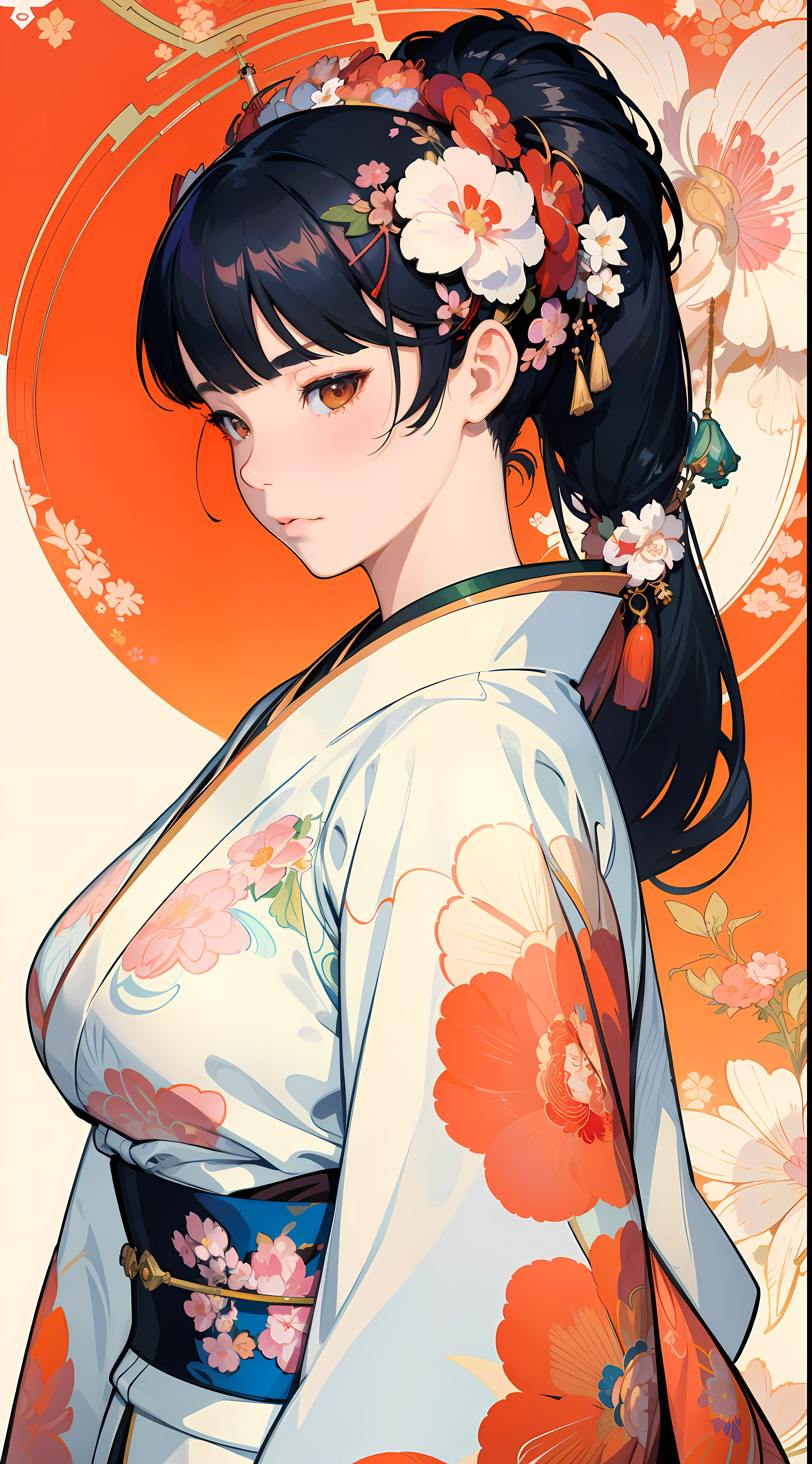((Highly detailed CG unit 8k wallpaper, masterpiece, High resolution, highest quality, highest qualityのリアルテクスチャスキン)), ((very beautiful woman, Nana Komatsu, Looking forward with hands clasped behind the back:1.5, plump lips, floral kimono)), (dirty black hair, white skin, small breasts), ((and the background of the handle, Colorful background with geometric patterns)), Sumi-e, surreal, digital painting, concept art,