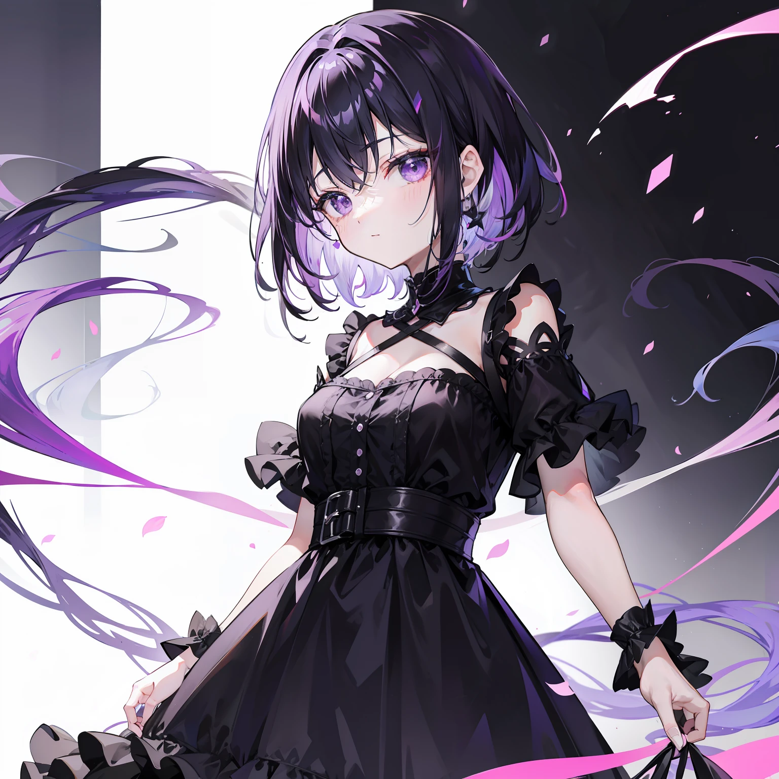 1 girl, wallpaper, whole picture, grey wall background, dark picture, ruined wall background, asymmetric hair, grey hair, multicolored hair, long hair, psycho smile, evil_smile, dark purple eyes, view from the side, looking at viewer, long chain shackles, neon lights in background, grin, ruffled hair, open black dress, modern style black dress