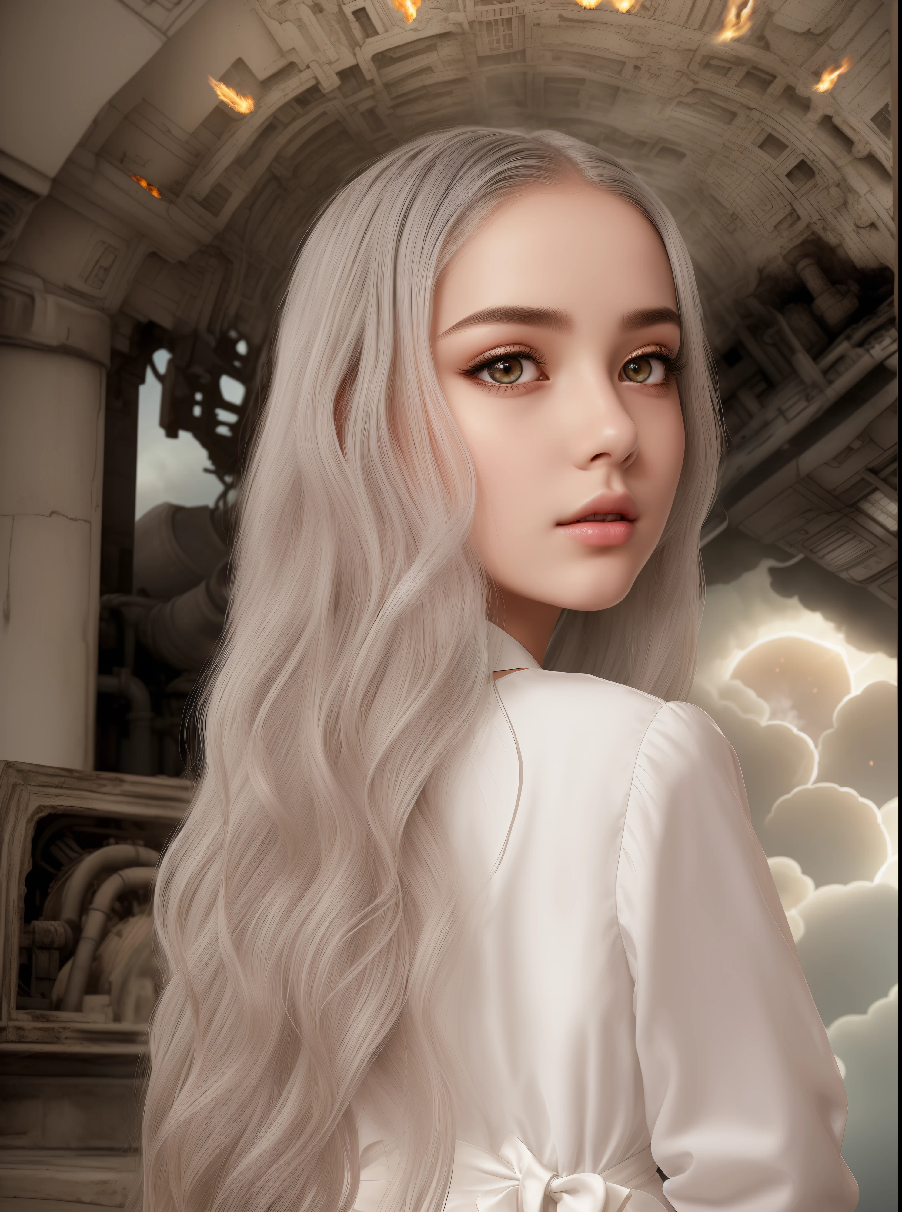 Masterpiece,Best Quality, illustartion,{Beautiful detailed girl},Beautiful detailed glow,(flames of war:1.2),(Behide's nuclear explosion:1.3),Sateen,detailed lighting,Detailed water,(beautiful detail eyes:1.1),expressionless,palace,azure hair,disheveled hair,Long bangs,hairs between the eyes,(white and gray dress:1.1),black ribbon,white bow ties,midriff,large head,empty look,flower,long sleeves