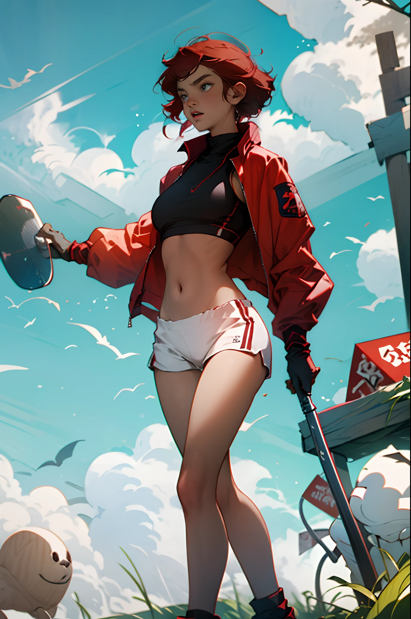Big tits ,red hair ,slim body ,jacket with sports bra under