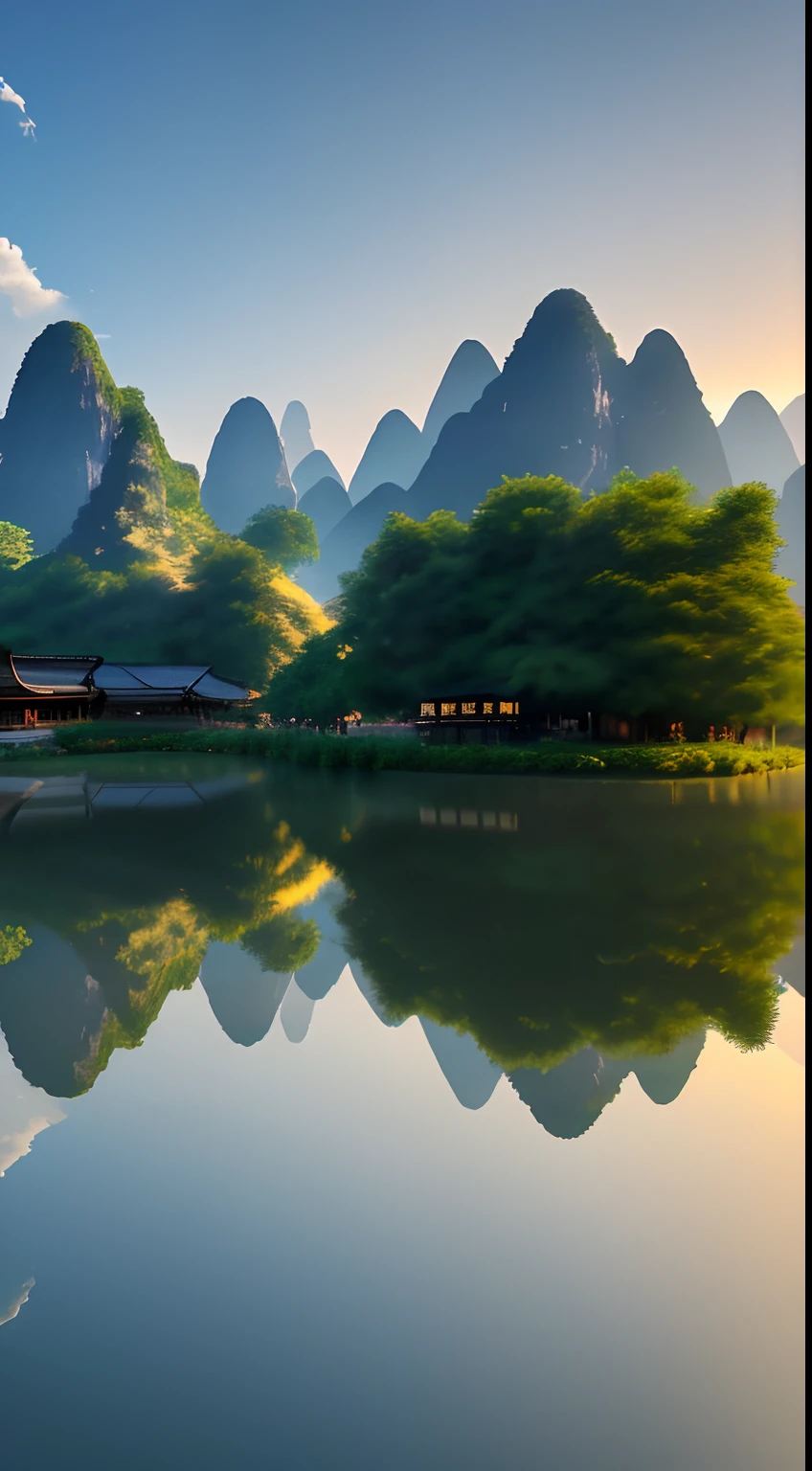 Masterpiece, best quality, extremely beautiful reflection, best reflection. (Very detailed CG 8K wallpaper), (best quality), (best illustration), (best shadow), landscape pictures of Guilin, photorealistic and early morning.