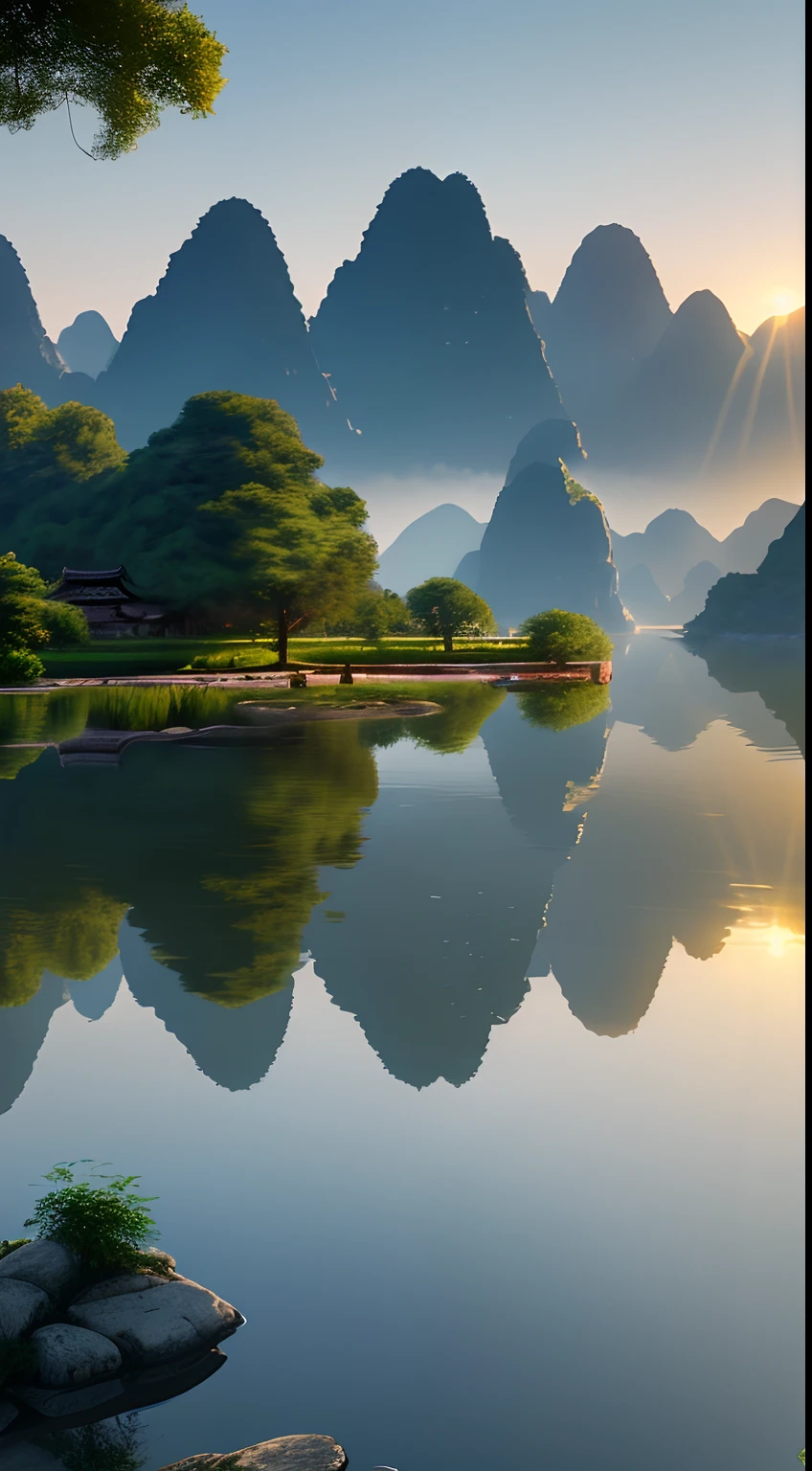 Masterpiece, best quality, extremely beautiful reflection, best reflection. (Very detailed CG 8K wallpaper), (best quality), (best illustration), (best shadow), landscape pictures of Guilin, photorealistic and early morning.