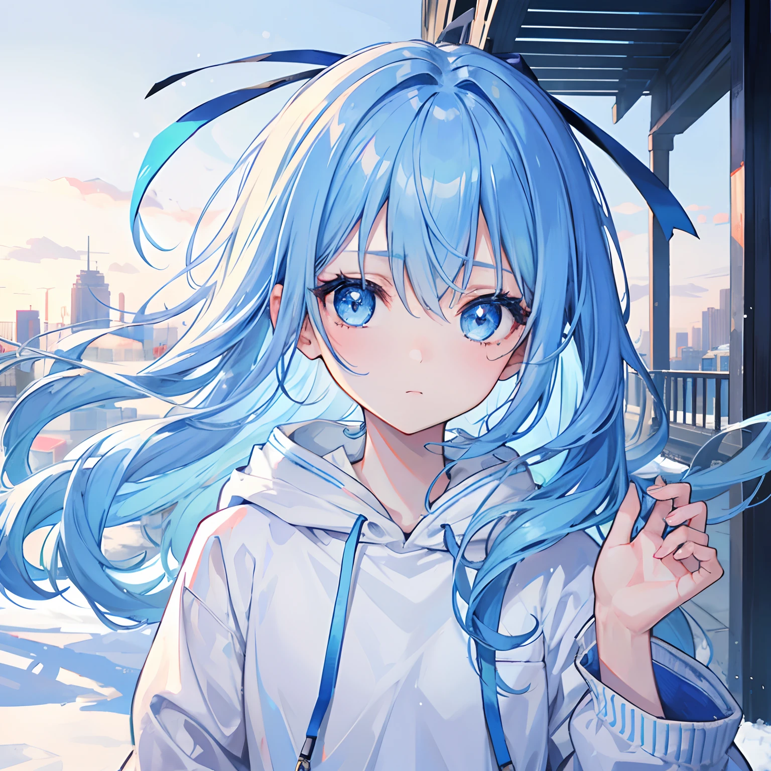 1girl,light blue hair,blue eyes,hair ribbon,blue and white hoodie,winter,looking at viewer,portrait,city background