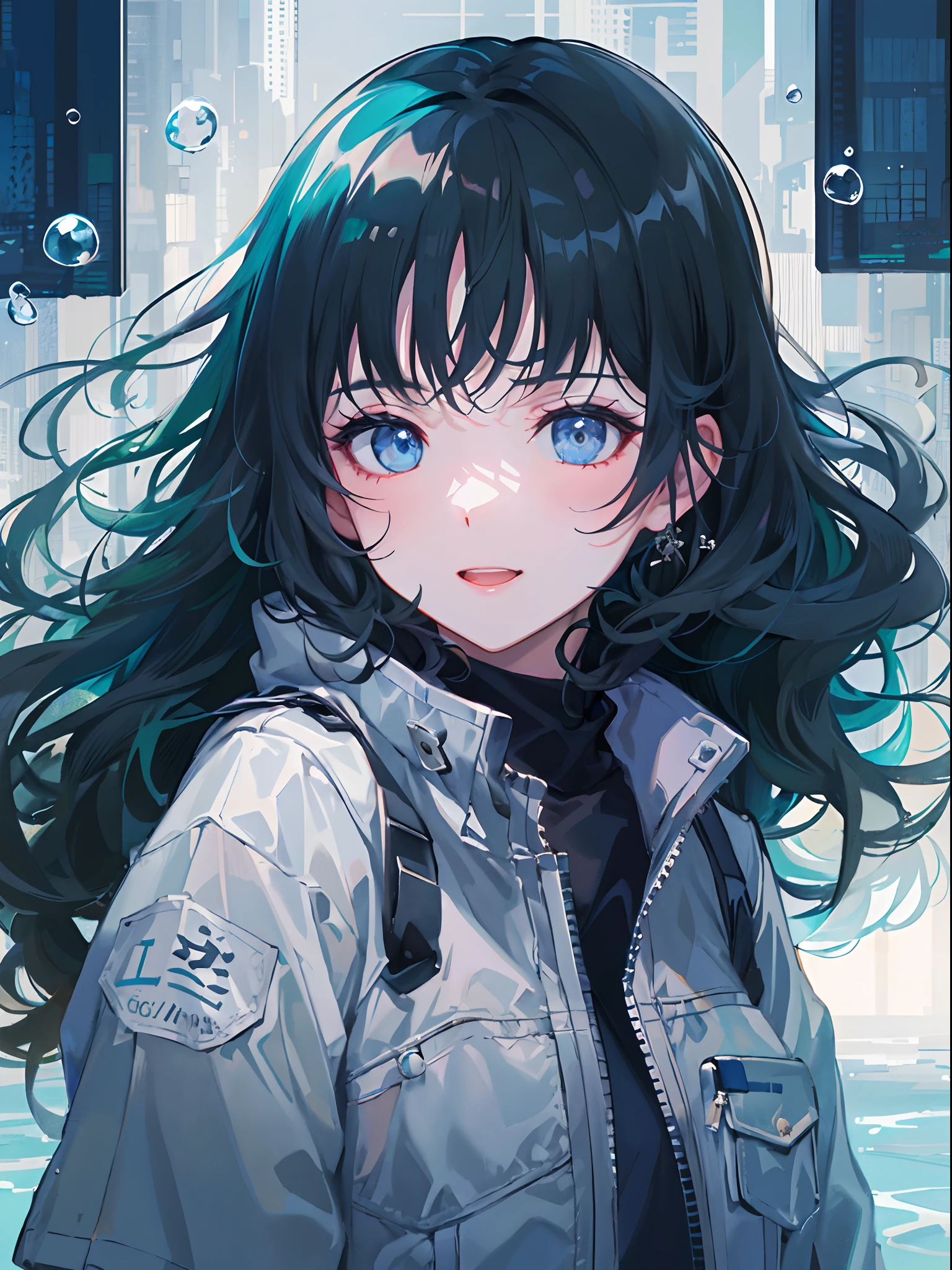 ((top-quality)), ((​masterpiece)), ((ultra-detailliert)), (extremely delicate and beautiful), girl with, 独奏, cold attitude,((Black jacket)),She is very(relax)with  the(Settled down)Looks,A dark-haired, depth of fields,evil smile,Bubble, under the water, Air bubble,bright light blue eyes,Inner color with black hair and light blue tips,Cold background,Bob Hair - Linear Art, shortpants、knee high socks、Camisole inner shirt、White uniform